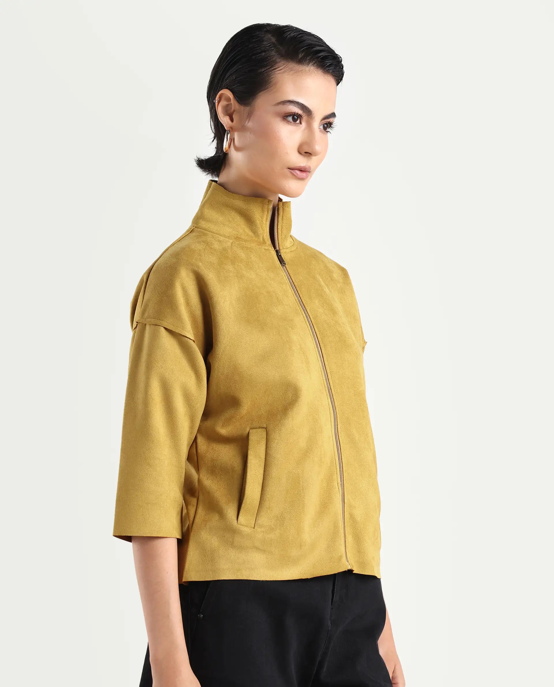 Rareism Women's Vasu 2 Mustard Polyester Blend Stand Collar Plain Boxy Fit Jacket