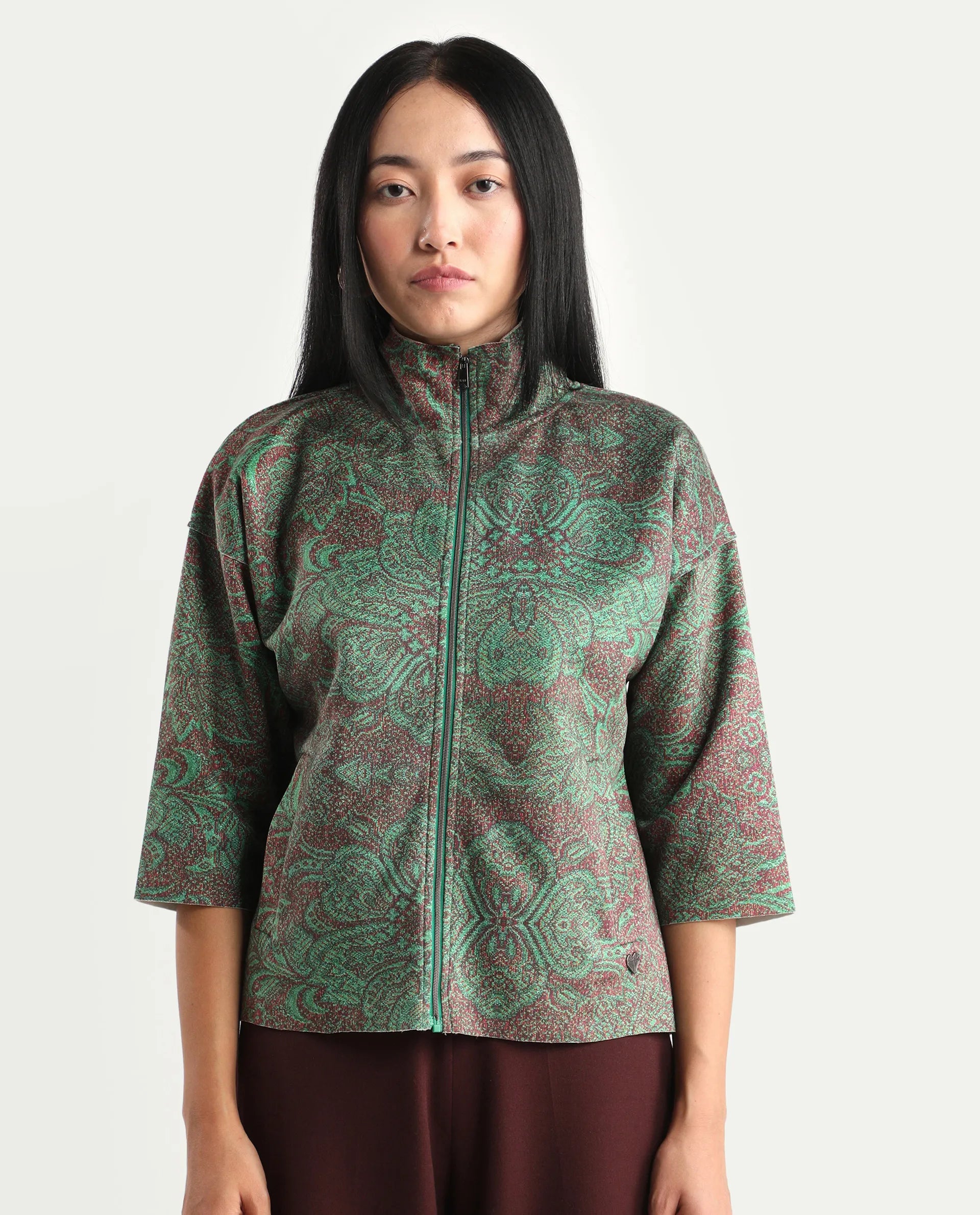 Rareism Women's Vasy Multi Suede Stand Collar Floral Print Boxy Fit Jacket