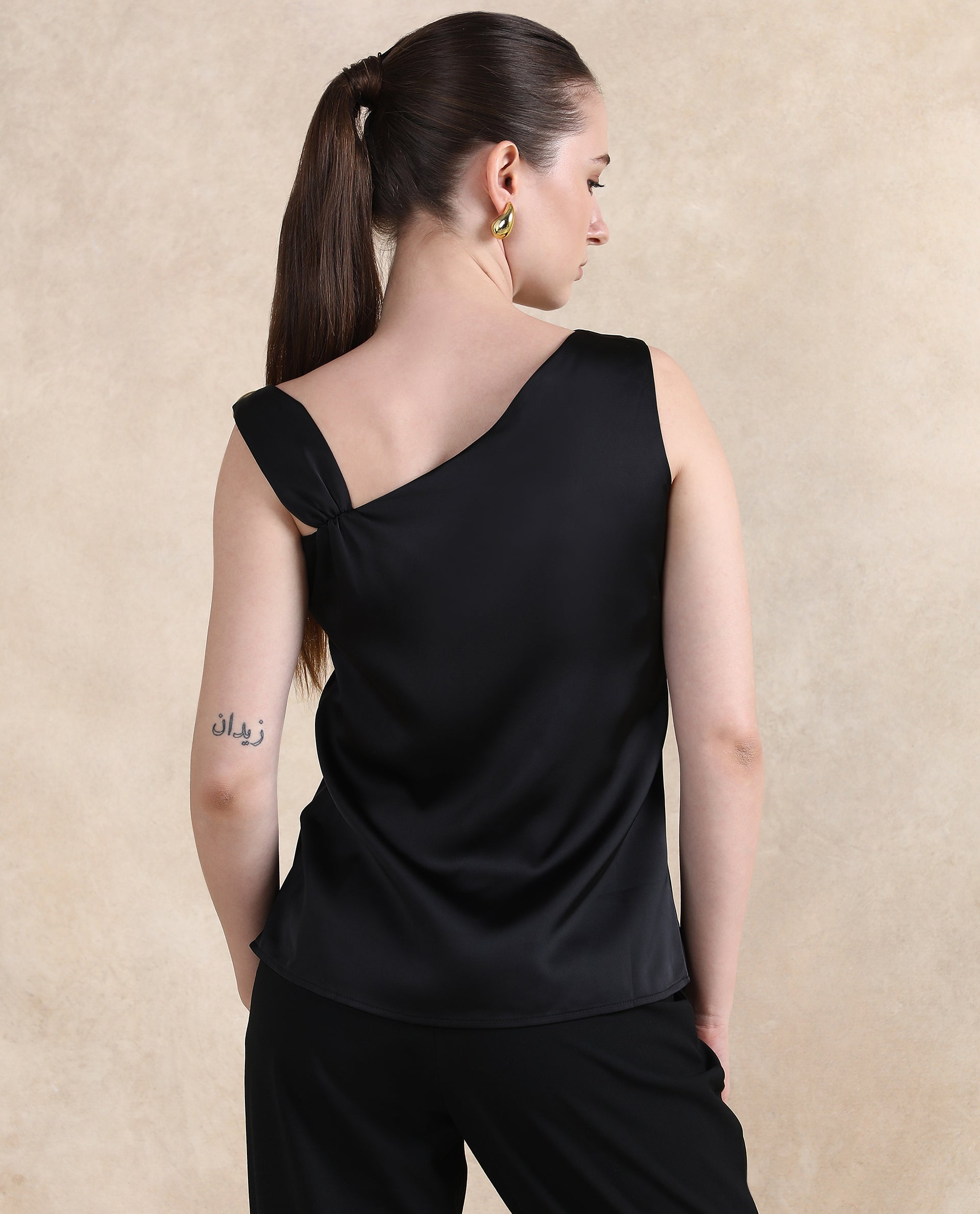 Rareism Women's Vaxter Black Polyester Asymmetric Neck Plain Sleeveless Regular Fit Top