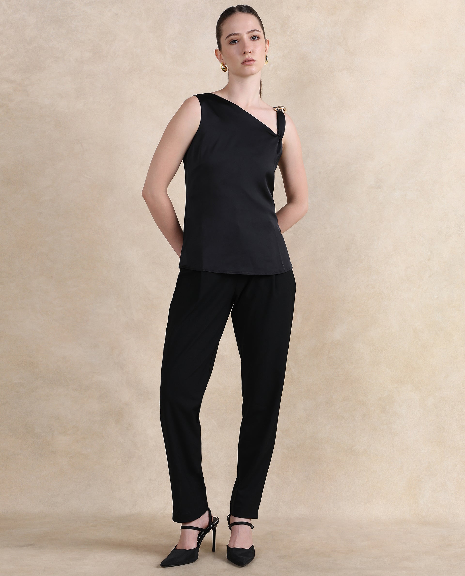 Rareism Women's Vaxter Black Polyester Asymmetric Neck Plain Sleeveless Regular Fit Top