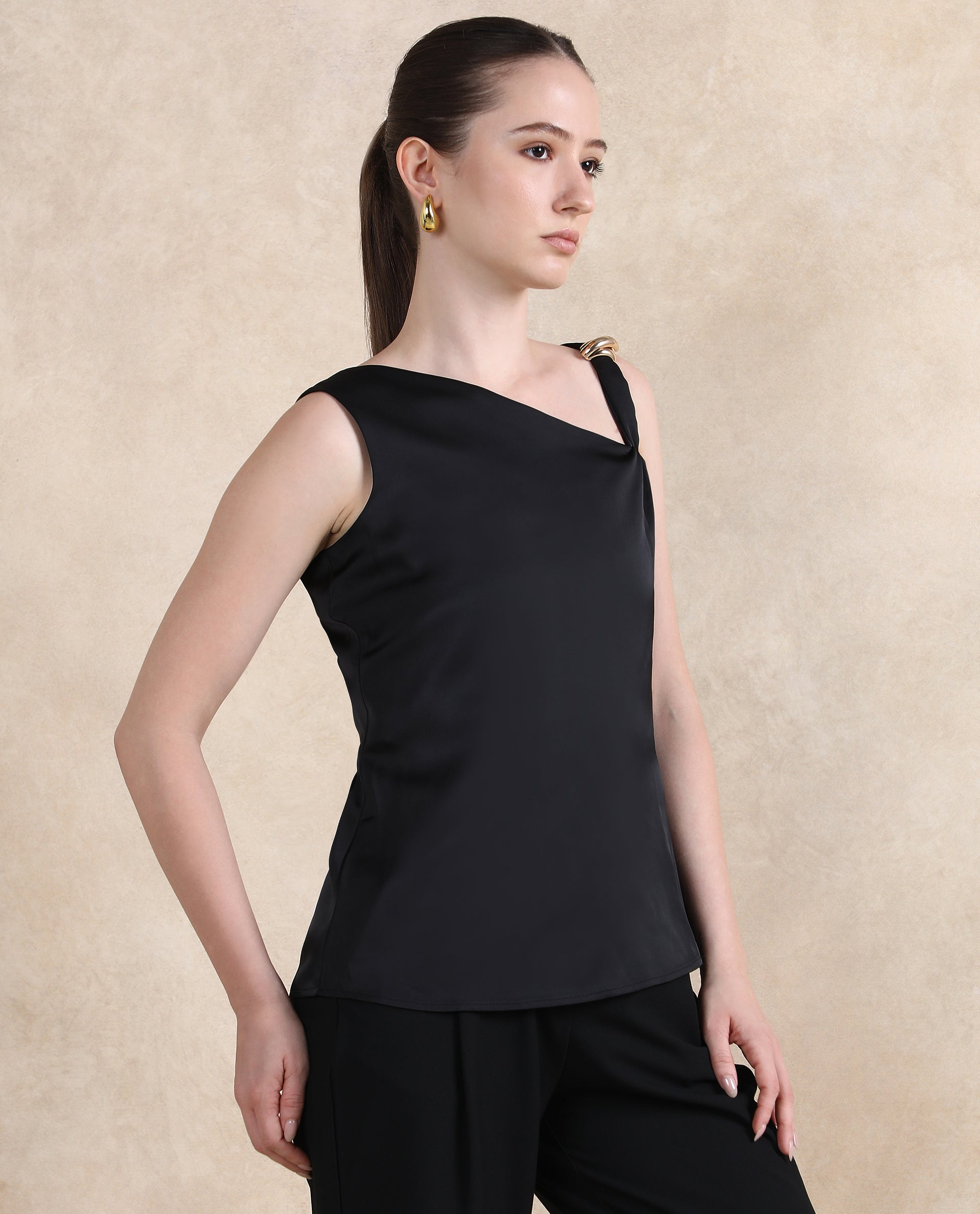 Rareism Women's Vaxter Black Polyester Asymmetric Neck Plain Sleeveless Regular Fit Top