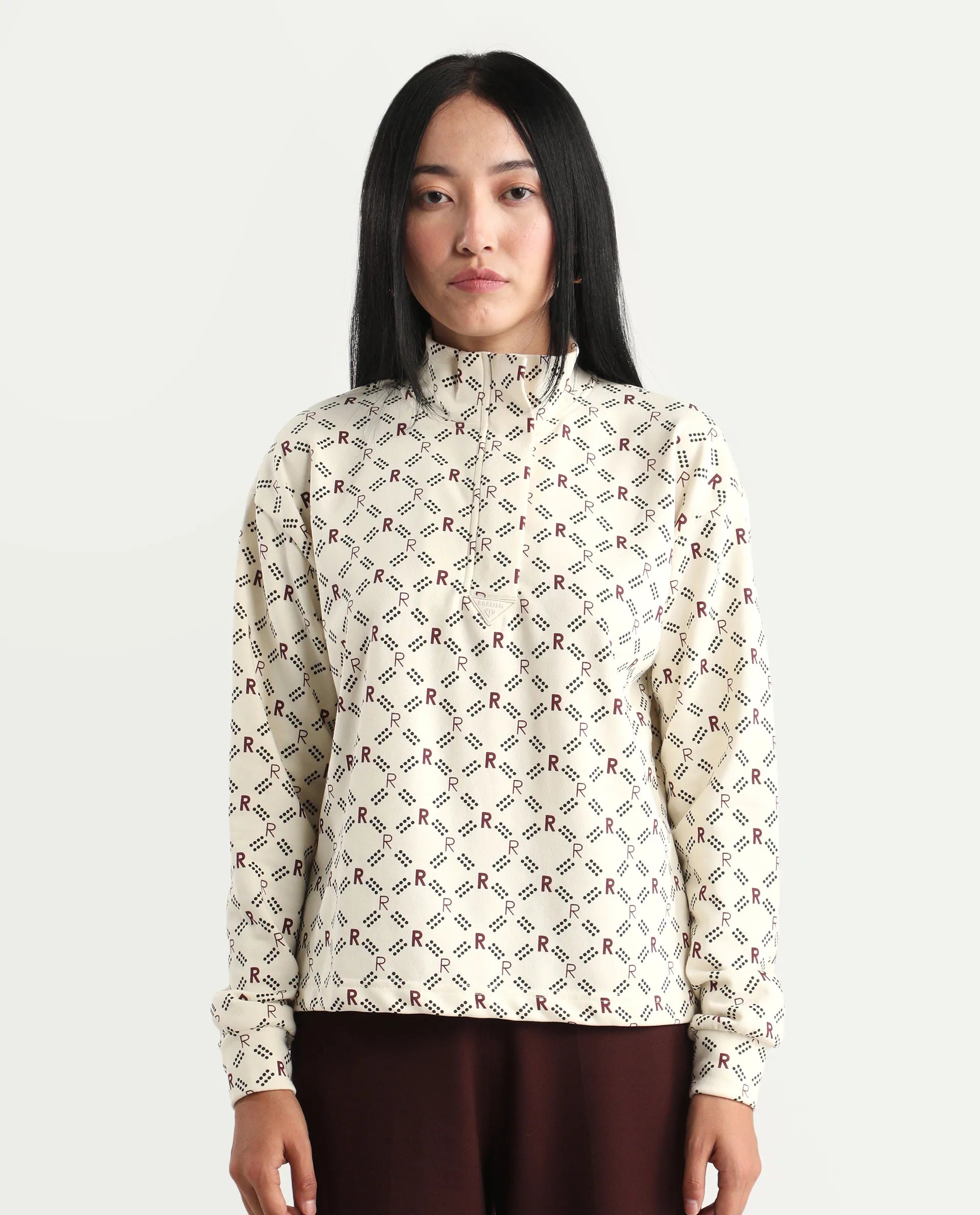 Rareism Women's Vecna Beige Polyester Blend Spread Collar Monogram Print Relaxed Fit Sweatshirt