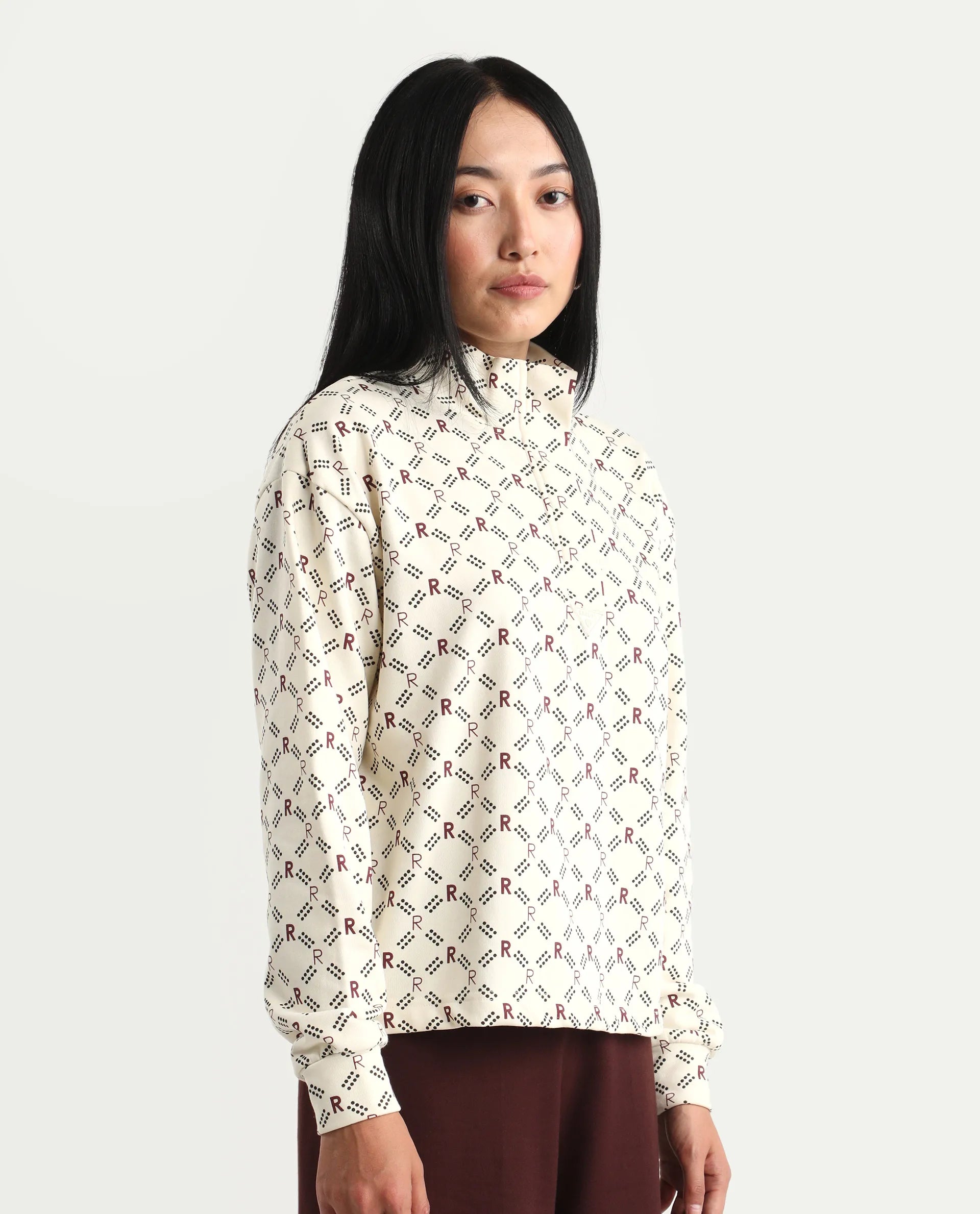 Rareism Women's Vecna Beige Polyester Blend Spread Collar Monogram Print Relaxed Fit Sweatshirt