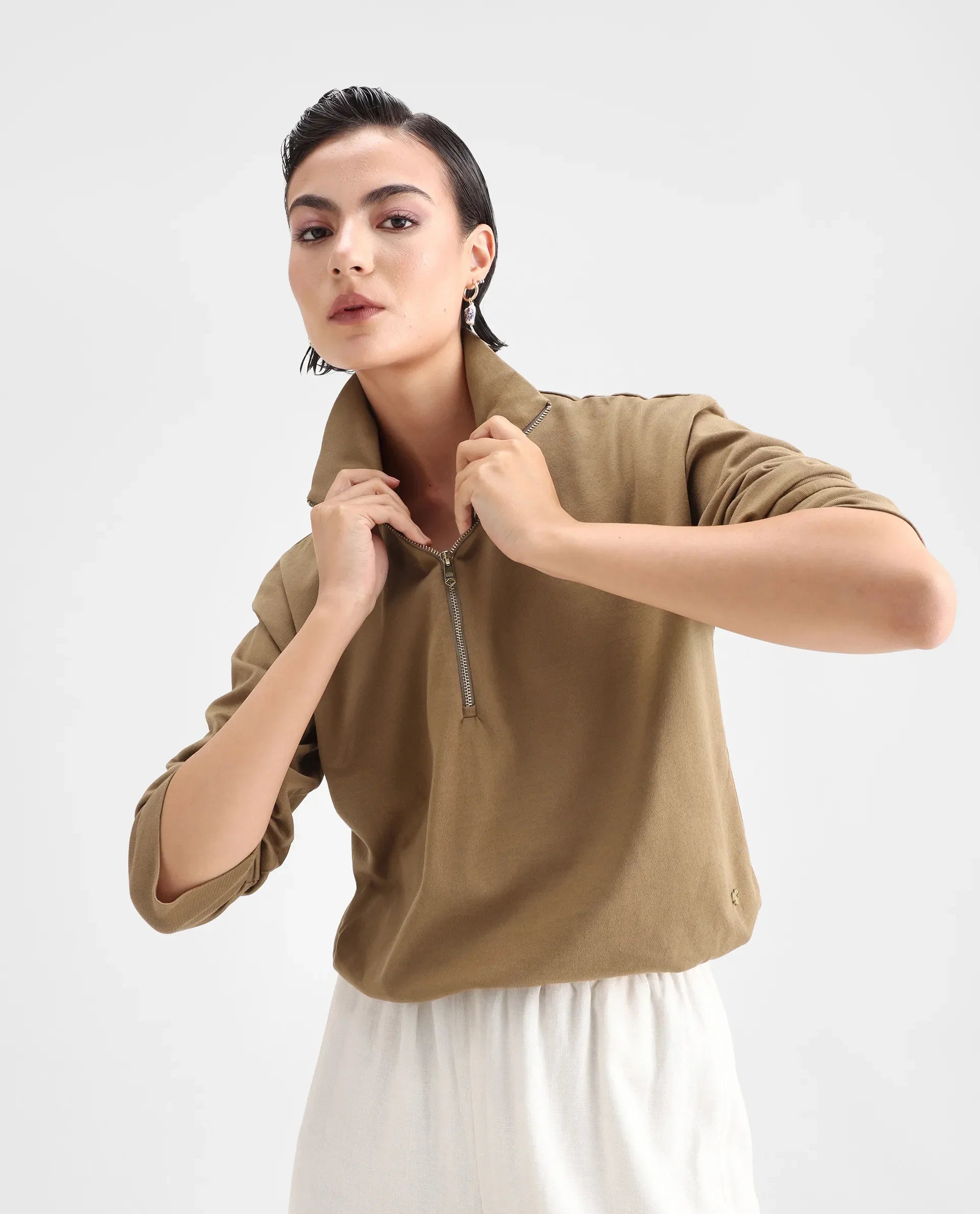 Rareism Women's Velma Dark Beige Nylon Blend High Neck Plain Crop Relaxed Fit Top