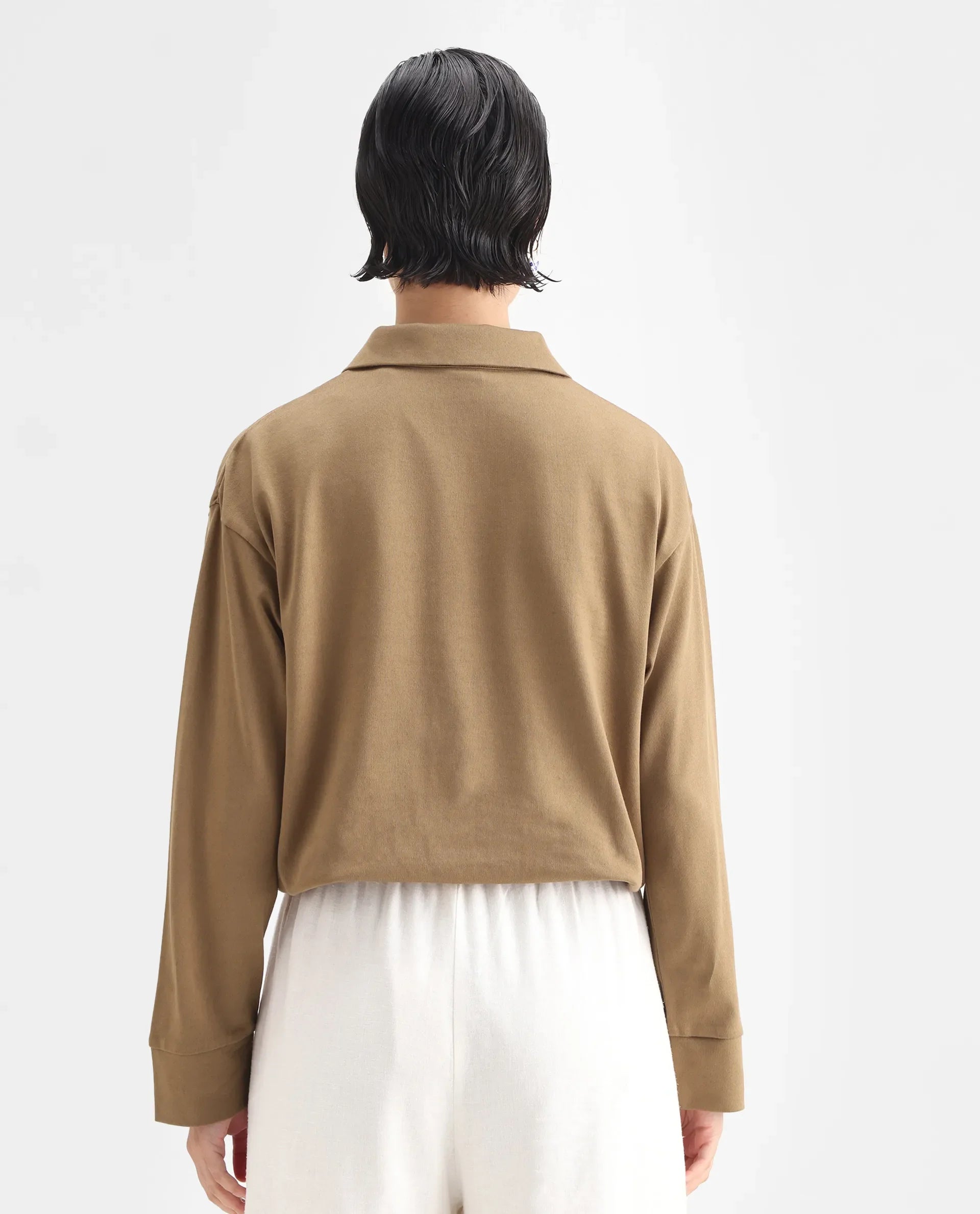 Rareism Women's Velma Dark Beige Nylon Blend High Neck Plain Crop Relaxed Fit Top