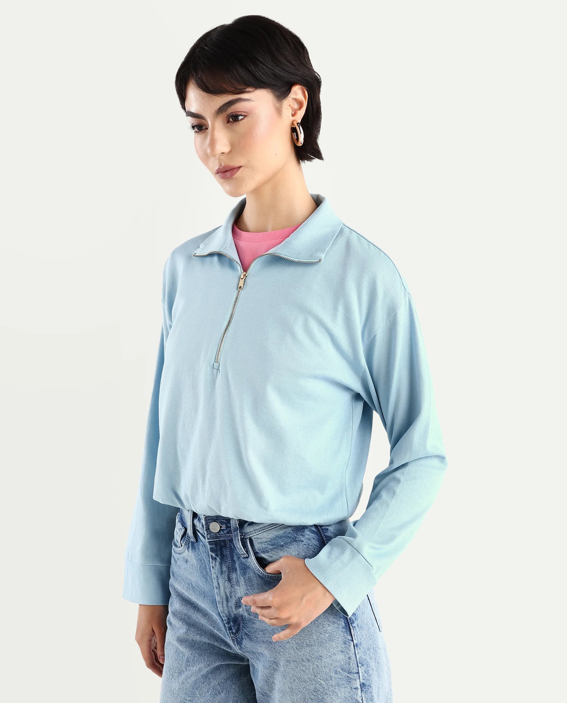 Rareism Women's Velma Light Blue Nylon Blend Drop Collar Plain Crop Relaxed Fit Top