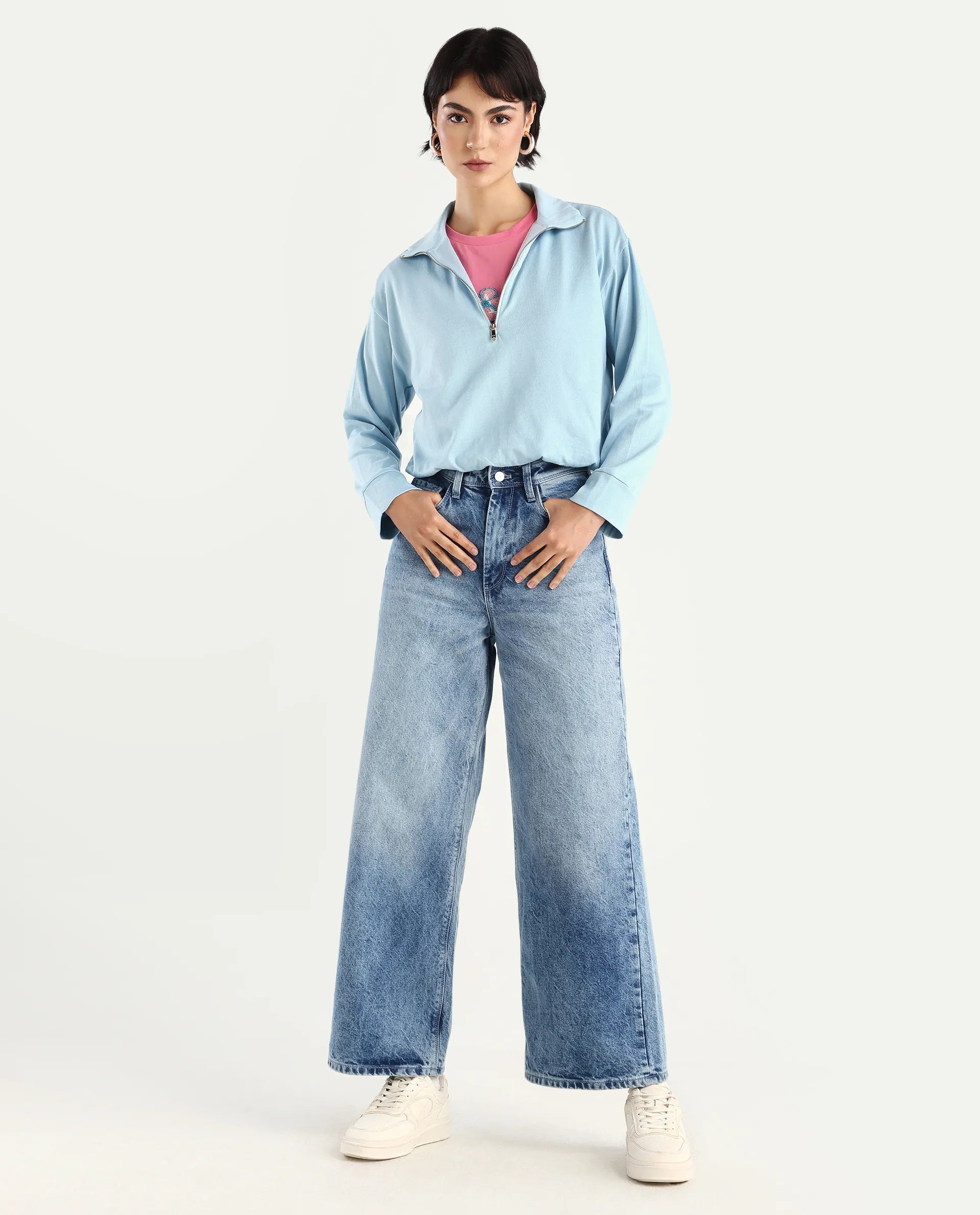 Rareism Women's Velma Light Blue Nylon Blend Drop Collar Plain Crop Relaxed Fit Top