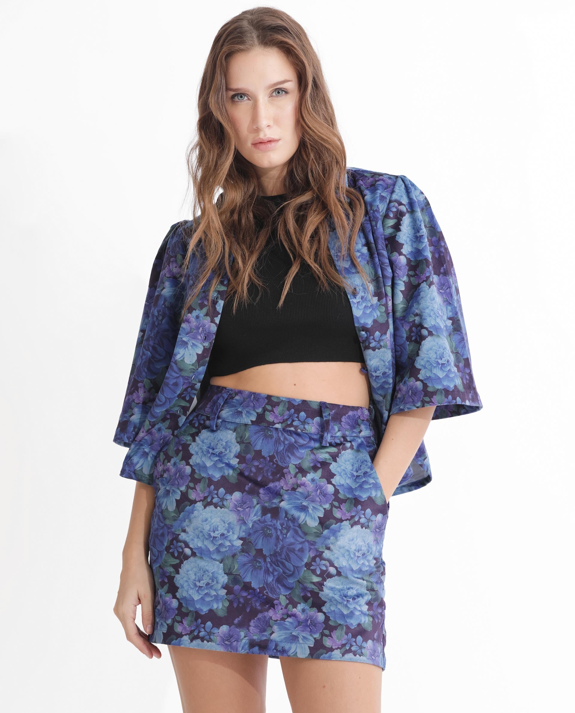 Rareism Women Velsko Black Velvet Fabric Zip Closure Slim Fit Floral Print Mini Skirt