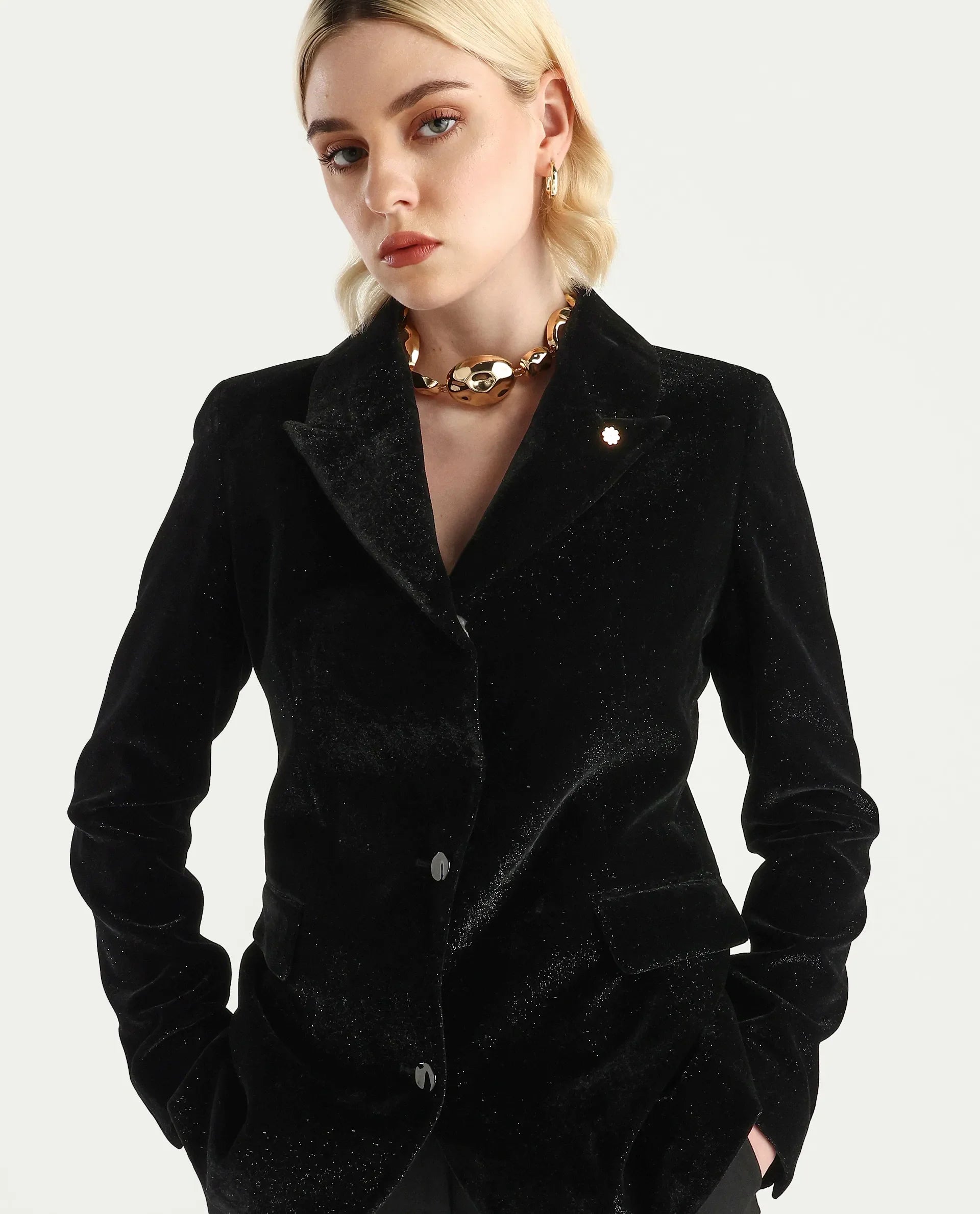 Rareism Women's Velux Black Polyester Lapel Neck Regular Fit Plain Blazer