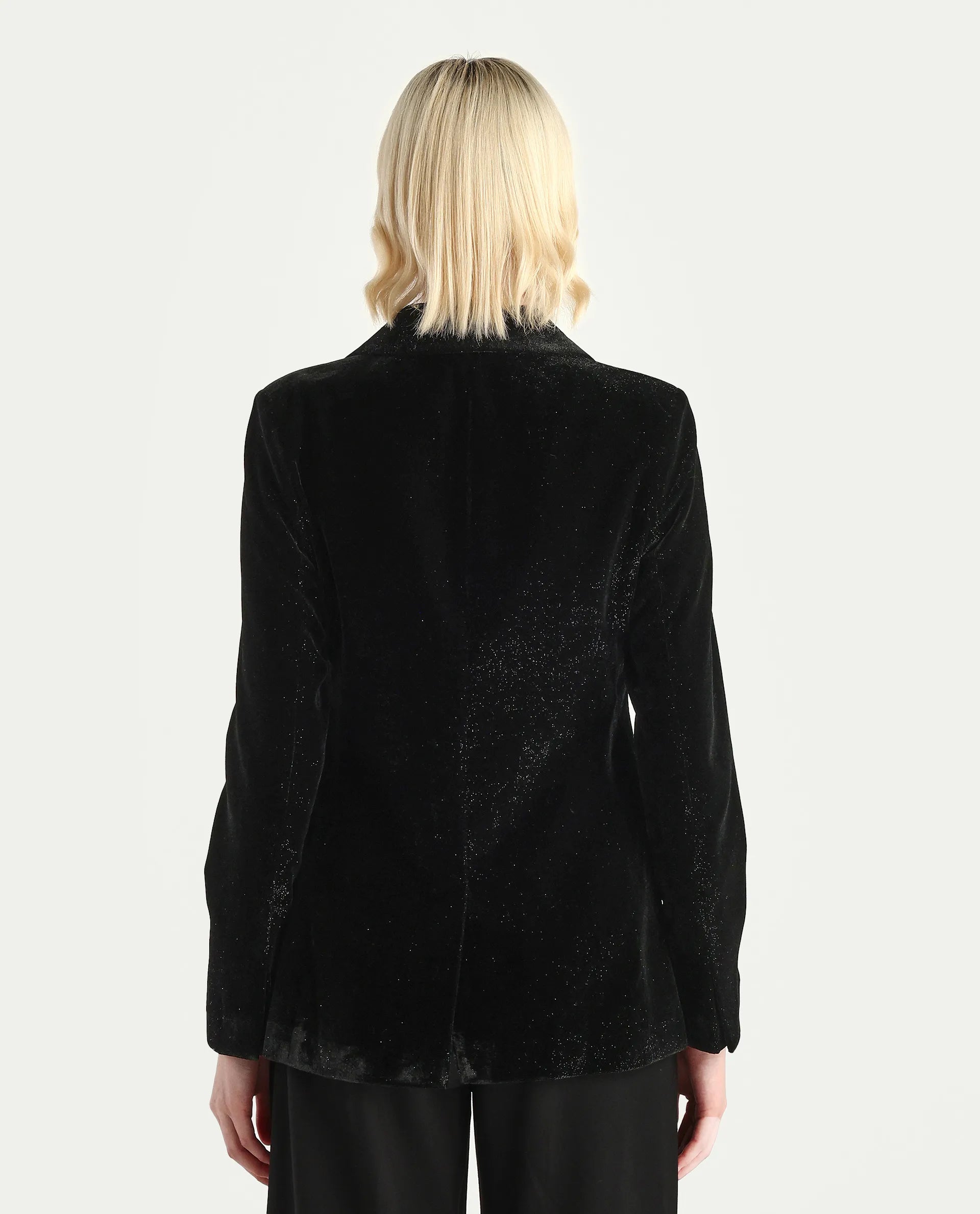 Rareism Women's Velux Black Polyester Lapel Neck Regular Fit Plain Blazer