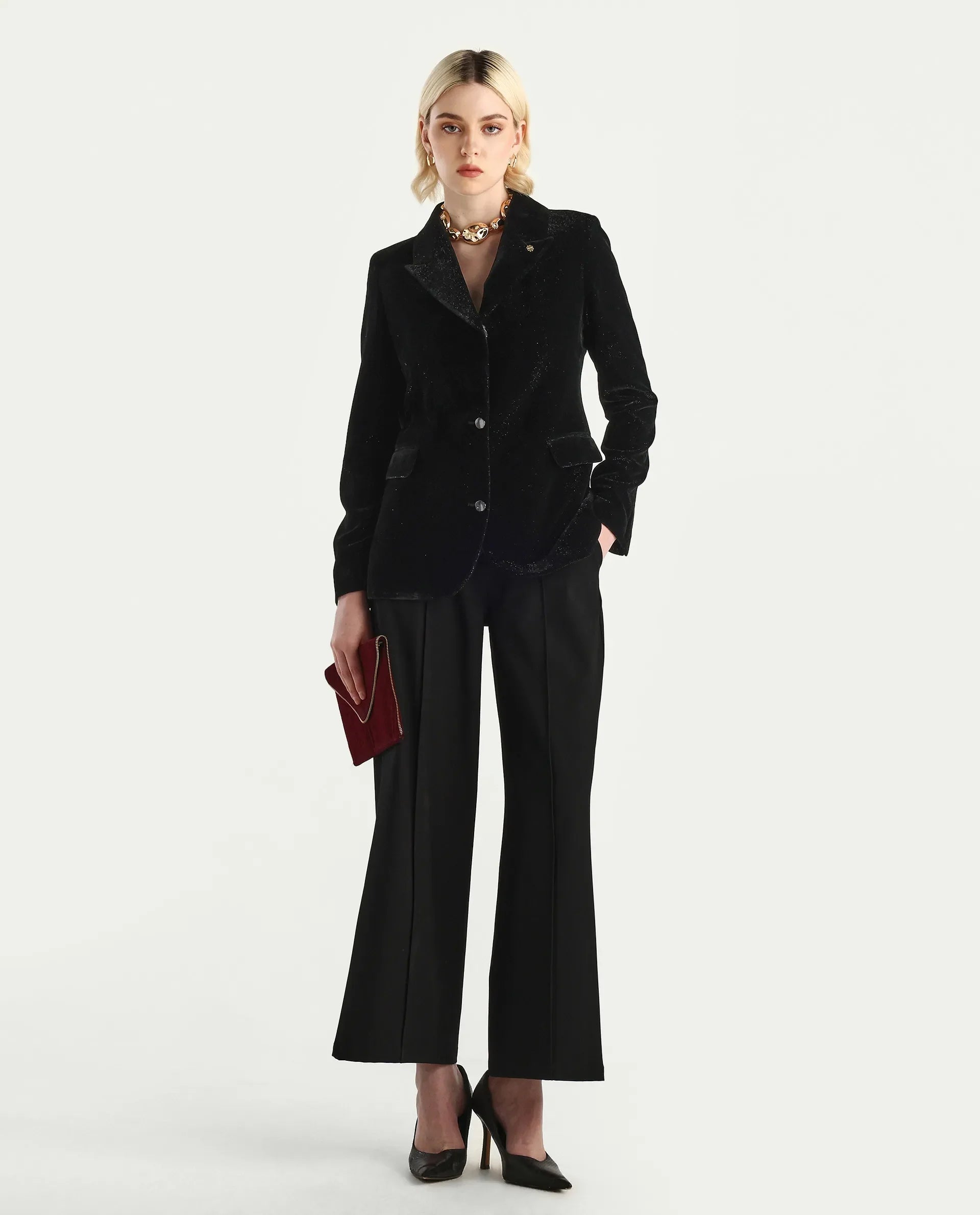 Rareism Women's Velux Black Polyester Lapel Neck Regular Fit Plain Blazer
