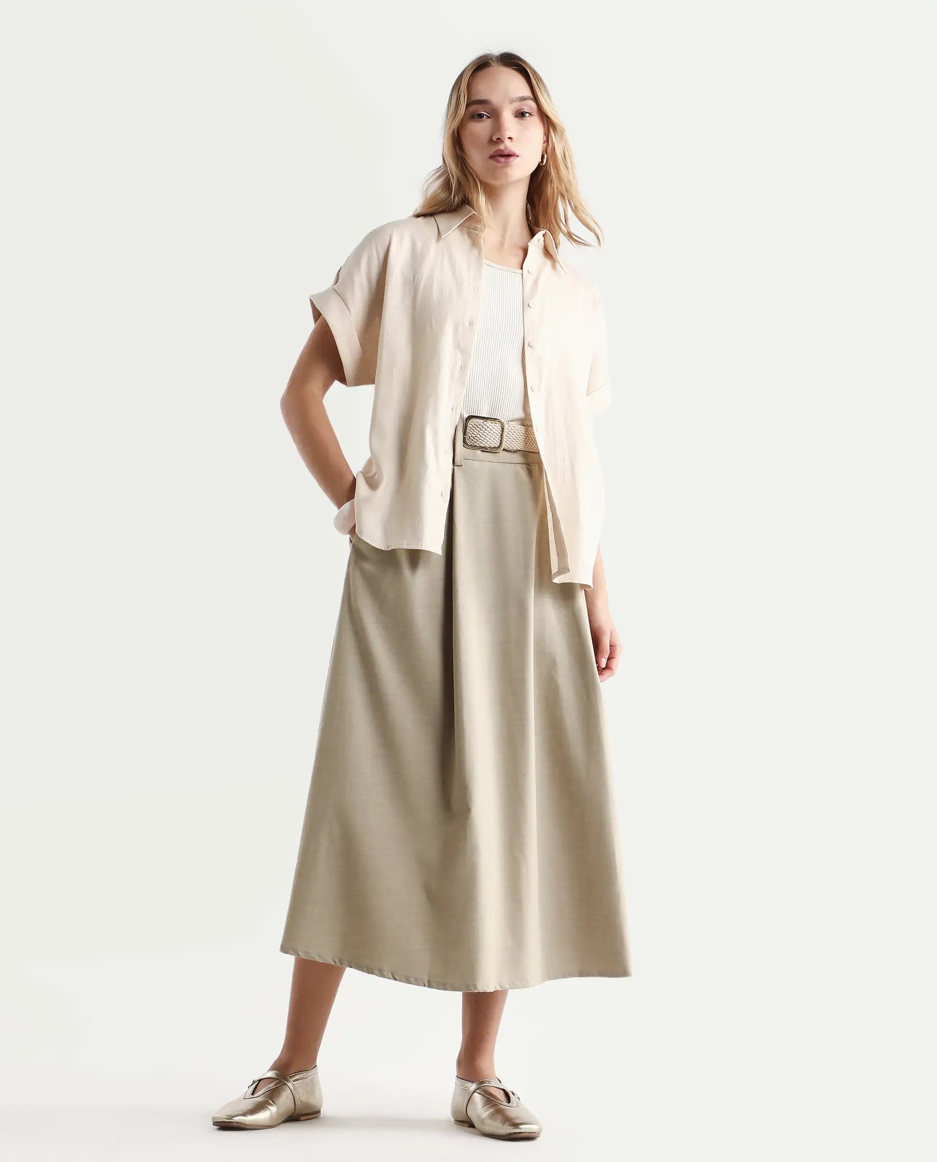 Rareism Women's Venezuela Beige Cotton Linen Drop Collar Plain Extended Sleeves Relaxed Fit Shirt