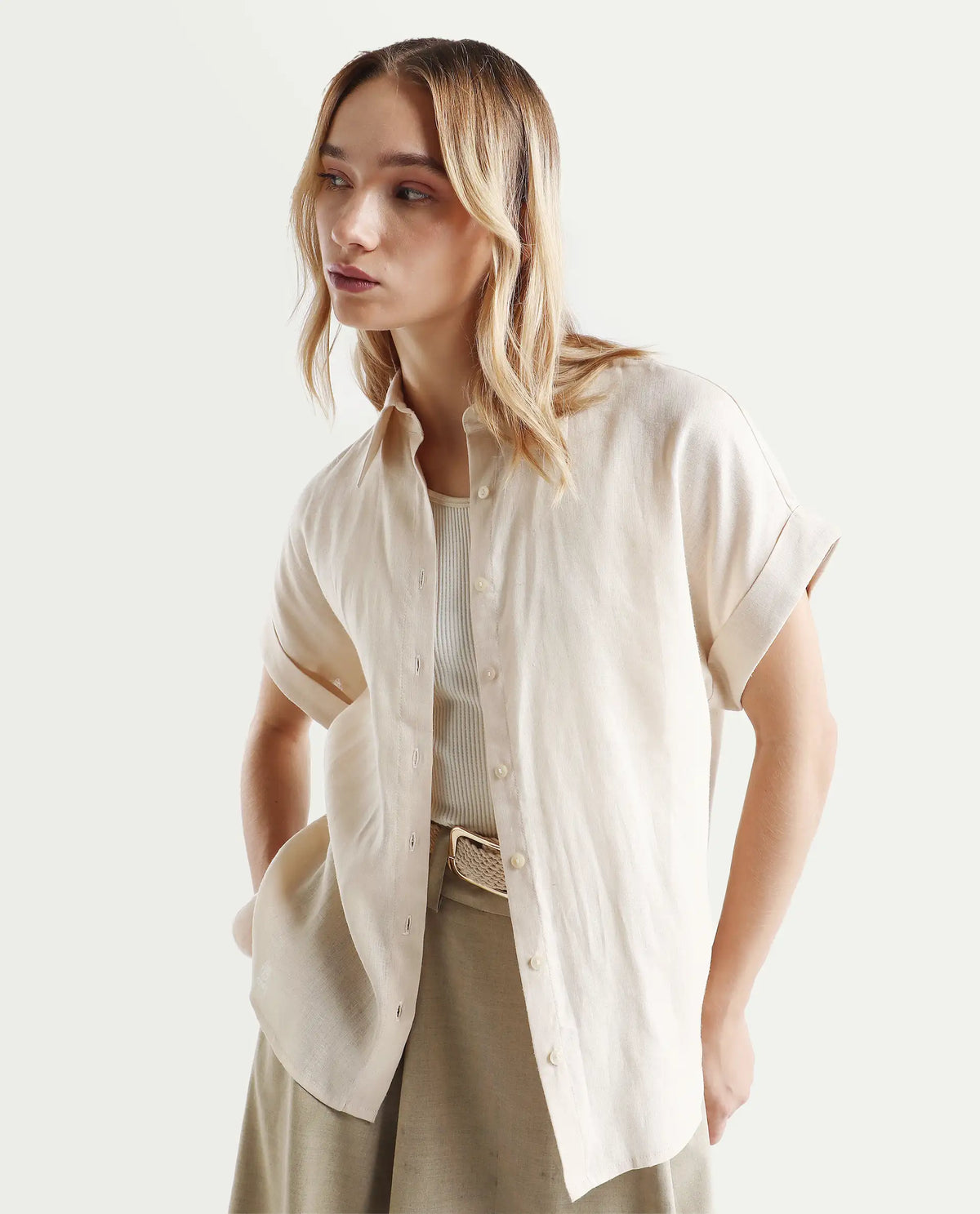 Rareism Women's Venezuela Beige Cotton Linen Drop Collar Plain Extended Sleeves Relaxed Fit Shirt