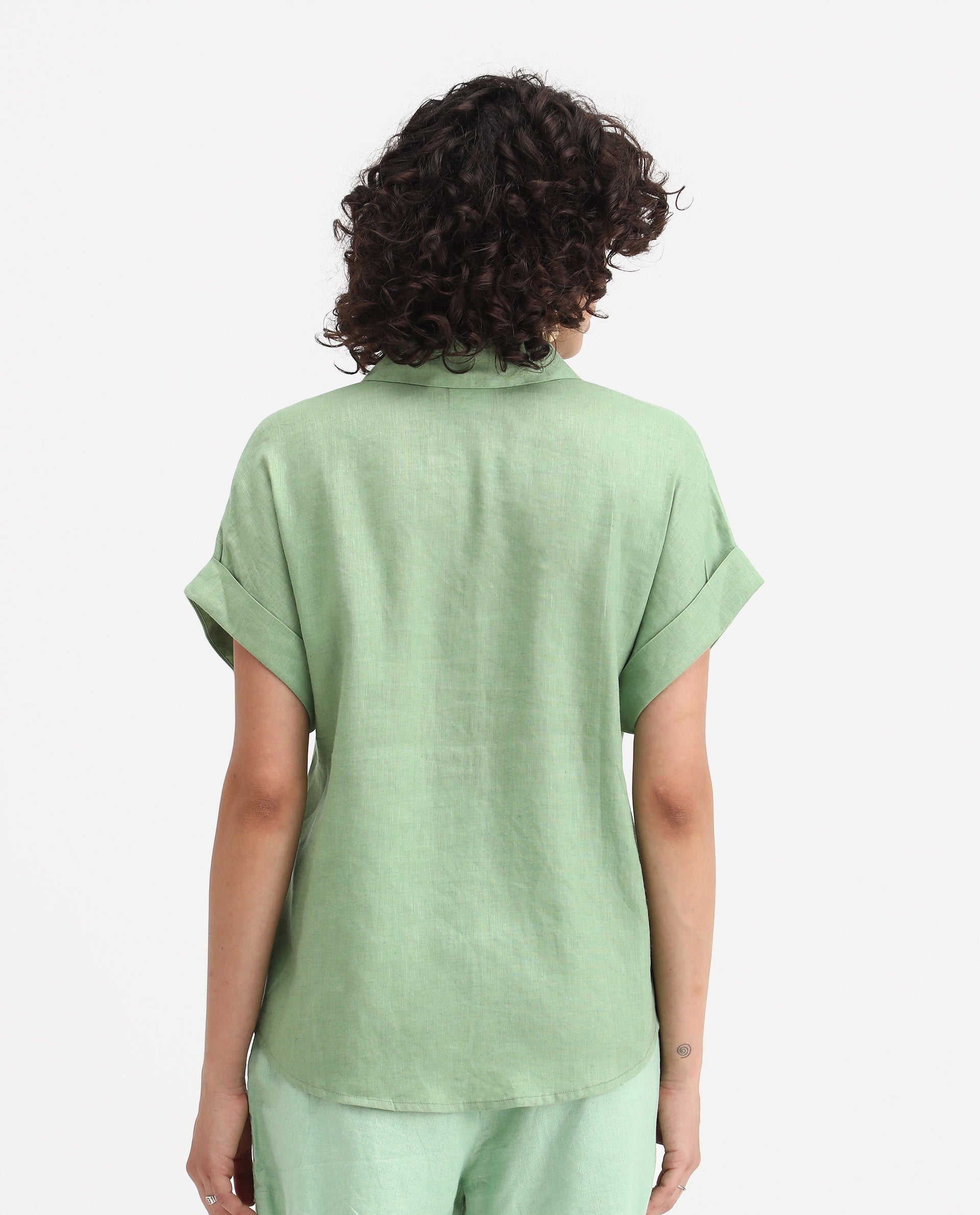 Rareism Women's Venezuela Pastel Green Cotton Linen Drop Collar Plain Extended Sleeves Relaxed Fit Shirt