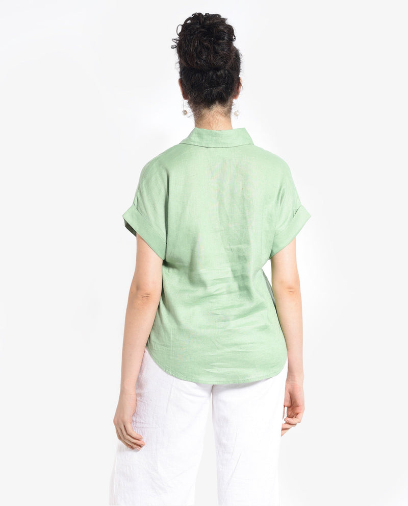 Rareism Women Venezuela Pastel Green Cotton Linen Fabric Collared Neck Solid Boxy Fit Shirt