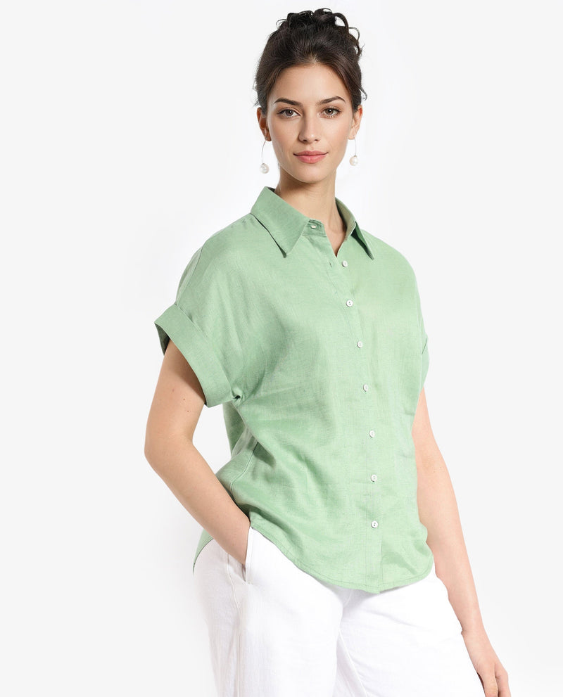 Rareism Women Venezuela Pastel Green Cotton Linen Fabric Collared Neck Solid Boxy Fit Shirt