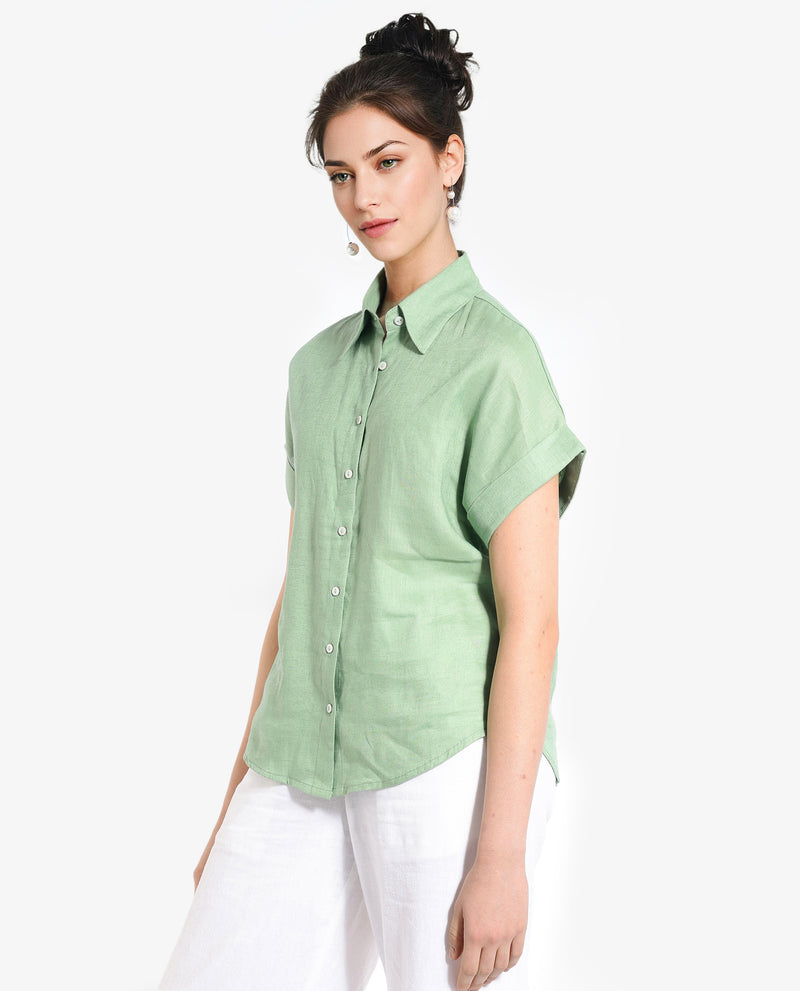 Rareism Women Venezuela Pastel Green Cotton Linen Fabric Collared Neck Solid Boxy Fit Shirt