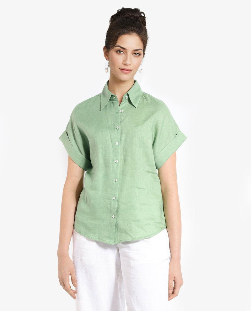 Rareism Women Venezuela Pastel Green Cotton Linen Fabric Collared Neck Solid Boxy Fit Shirt