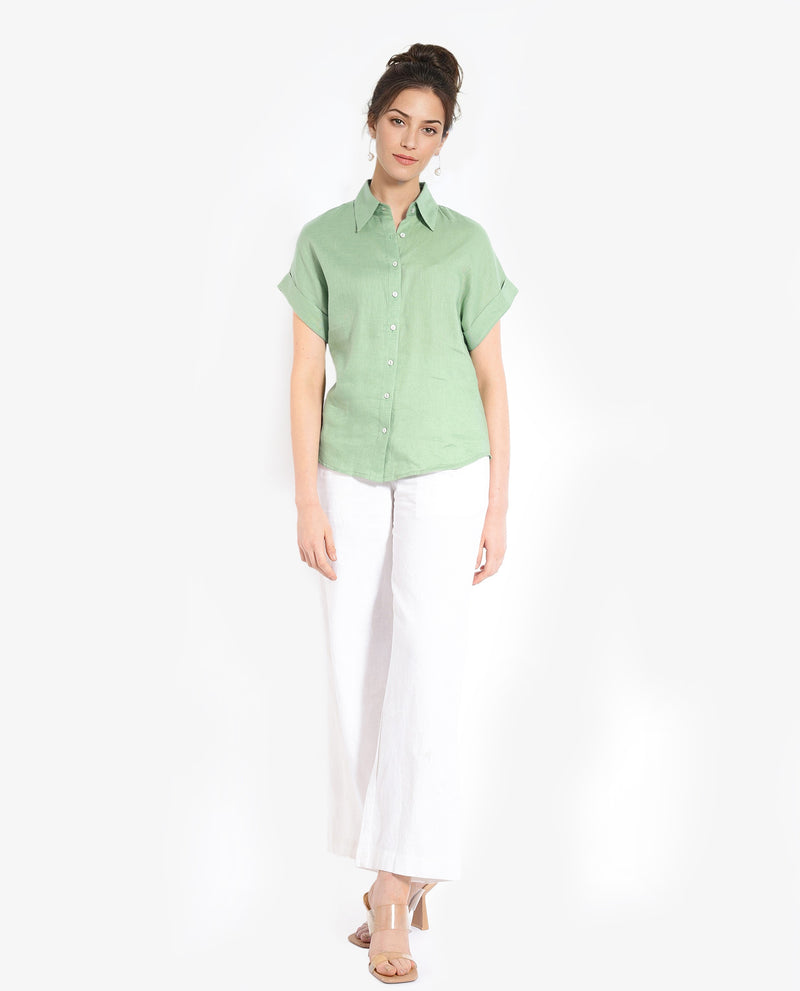 Rareism Women Venezuela Pastel Green Cotton Linen Fabric Collared Neck Solid Boxy Fit Shirt