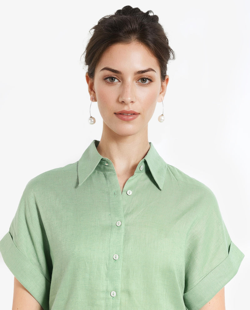 Rareism Women Venezuela Pastel Green Cotton Linen Fabric Collared Neck Solid Boxy Fit Shirt