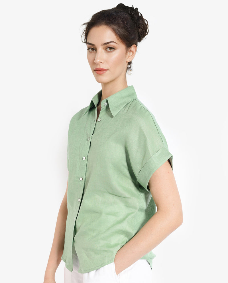 Rareism Women Venezuela Pastel Green Cotton Linen Fabric Collared Neck Solid Boxy Fit Shirt