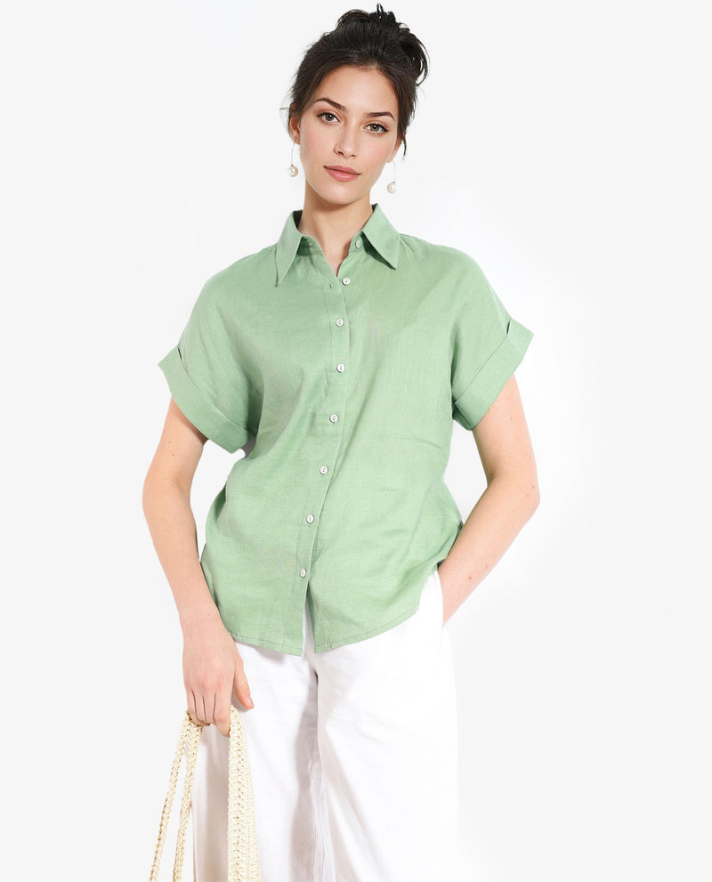 Rareism Women Venezuela Pastel Green Cotton Linen Fabric Collared Neck Solid Boxy Fit Shirt