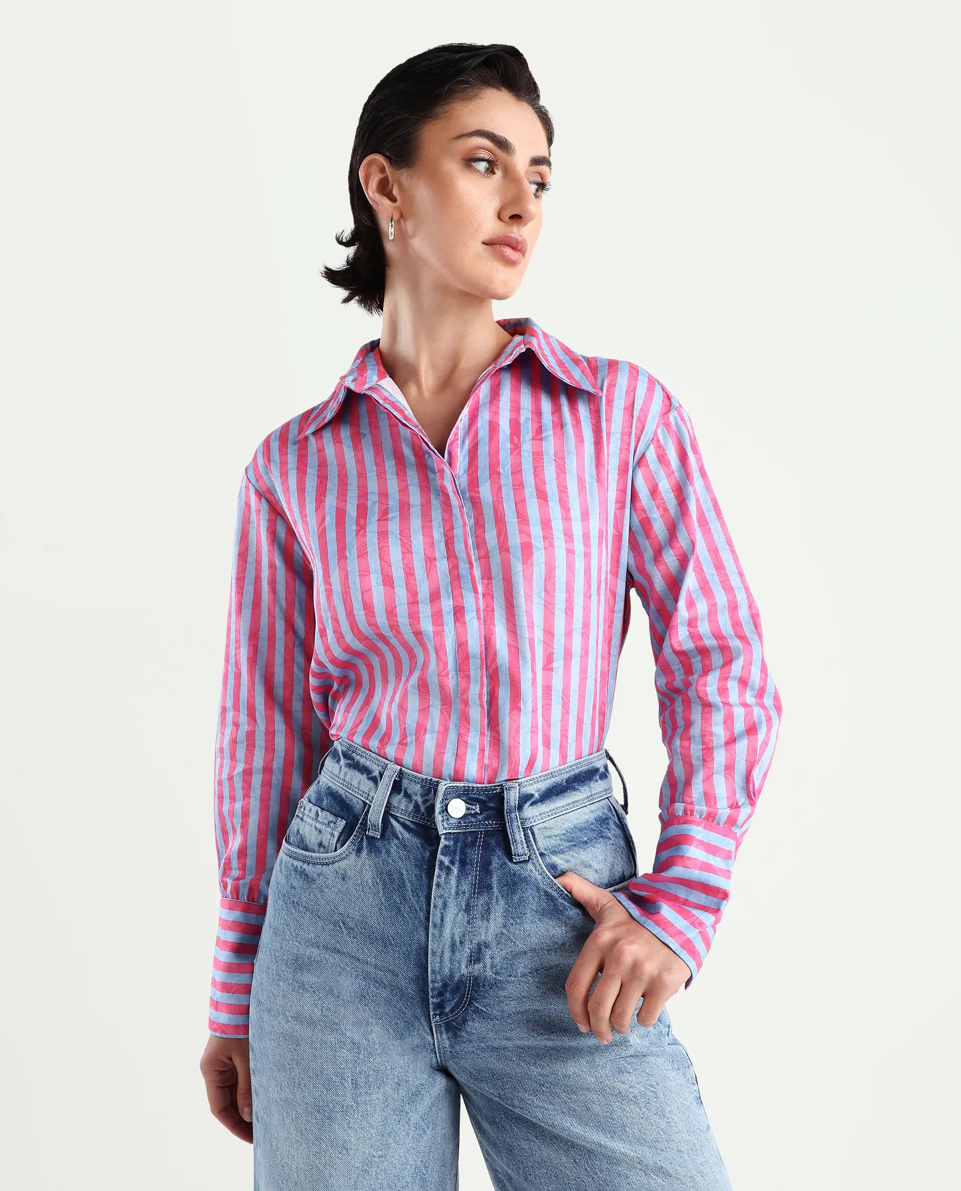 Rareism Women's Venice Pink Cotton Drop Collar Striped Cuffed Sleeve Regular Fit Shirt