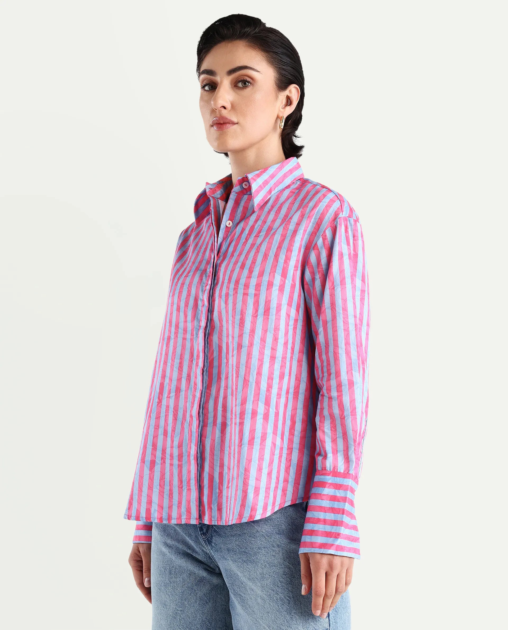 Rareism Women's Venice Pink Cotton Drop Collar Striped Cuffed Sleeve Regular Fit Shirt