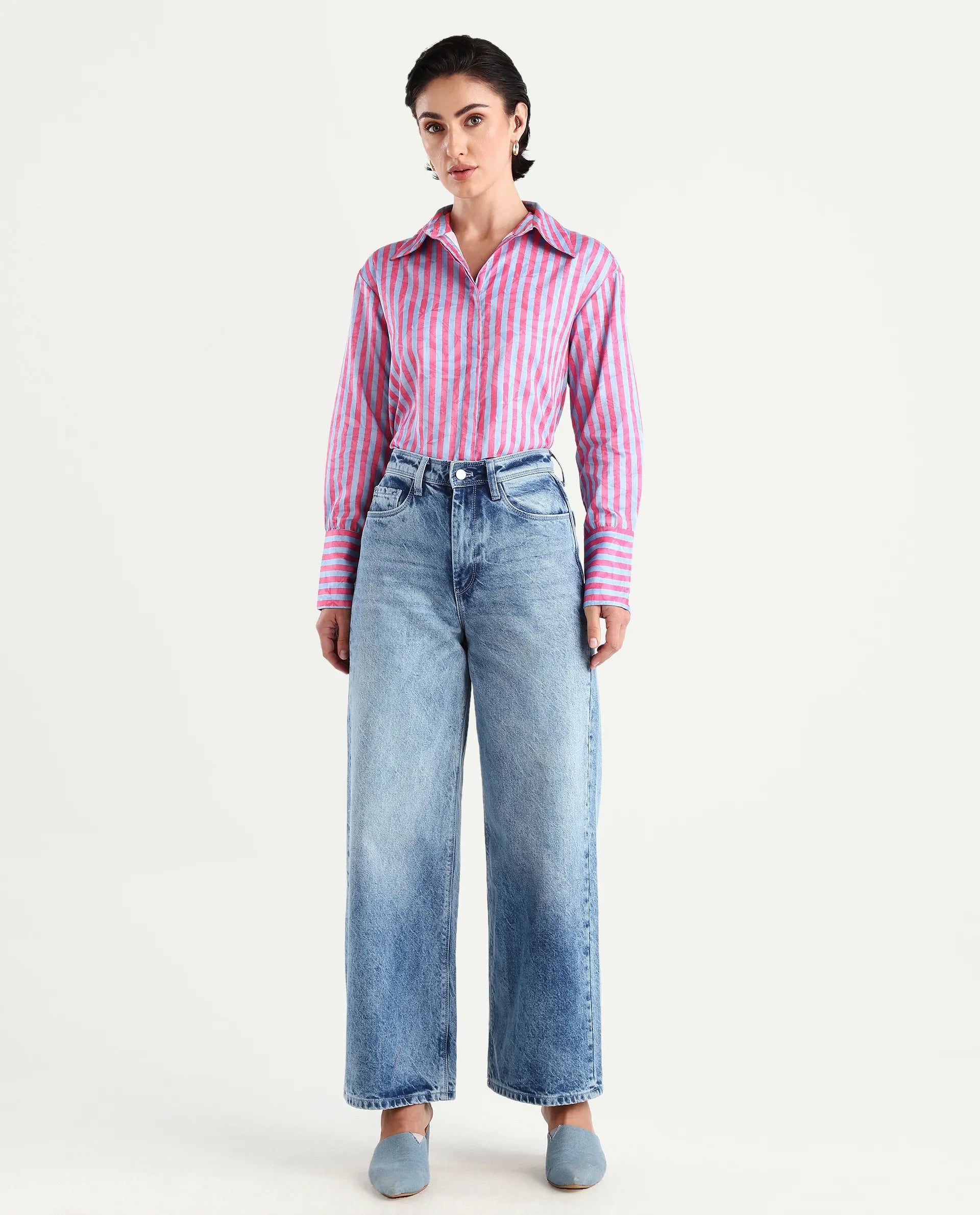 Rareism Women's Venice Pink Cotton Drop Collar Striped Cuffed Sleeve Regular Fit Shirt