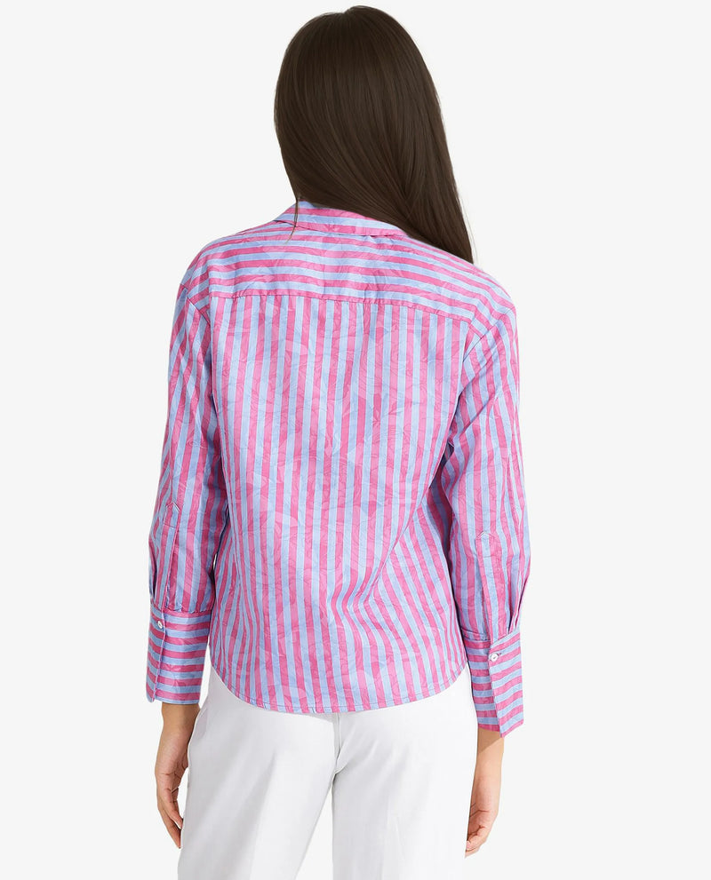 Rareism Women Venice Pink Cuffed Sleeve Collared Neck Button Closure Narrow Stripes Shirt