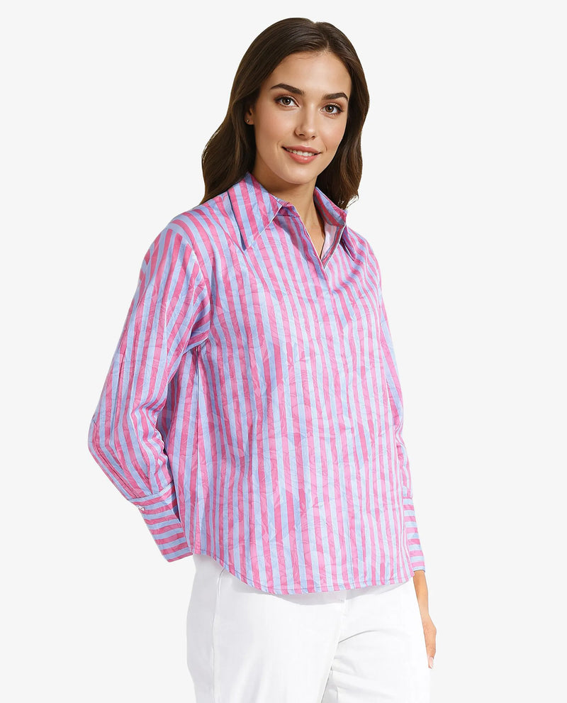 Rareism Women Venice Pink Cuffed Sleeve Collared Neck Button Closure Narrow Stripes Shirt