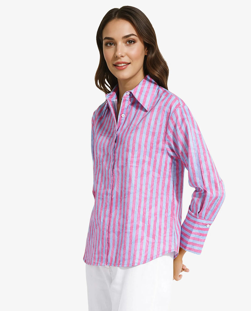 Rareism Women Venice Pink Cuffed Sleeve Collared Neck Button Closure Narrow Stripes Shirt