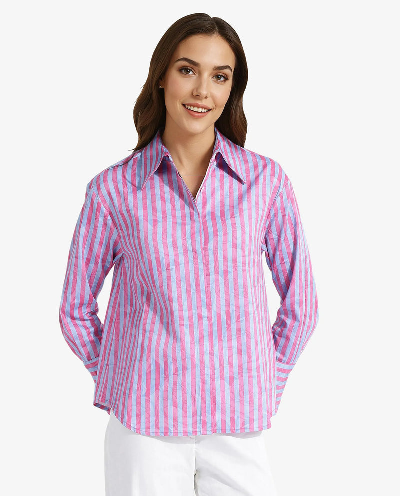 Rareism Women Venice Pink Cuffed Sleeve Collared Neck Button Closure Narrow Stripes Shirt