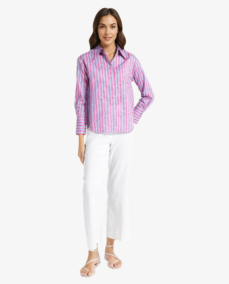 Rareism Women Venice Pink Cuffed Sleeve Collared Neck Button Closure Narrow Stripes Shirt