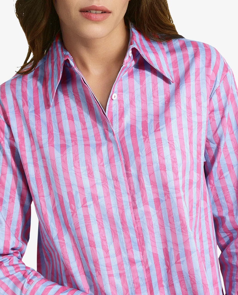 Rareism Women Venice Pink Cuffed Sleeve Collared Neck Button Closure Narrow Stripes Shirt