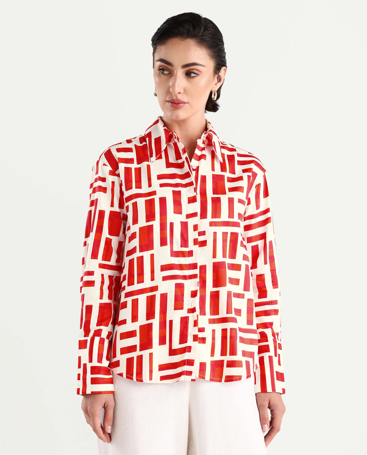Rareism Women's Venice Red Cotton Drop Collar Geometric Print Cuffed Sleeve Regular Fit Shirt