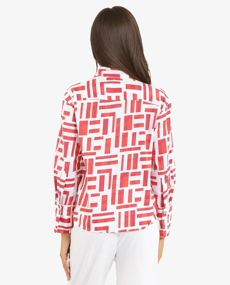 Rareism Women Venice Red Cuffed Sleeve Collared Neck Button Closure Geometric Print Shirt