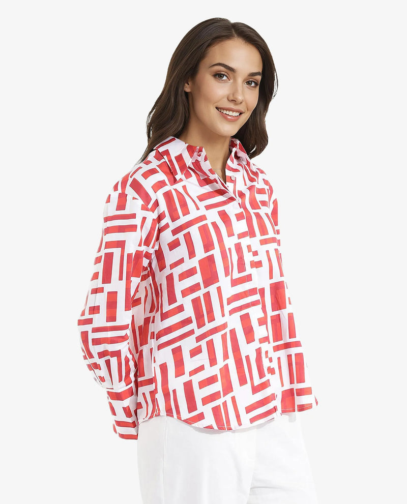 Rareism Women Venice Red Cuffed Sleeve Collared Neck Button Closure Geometric Print Shirt