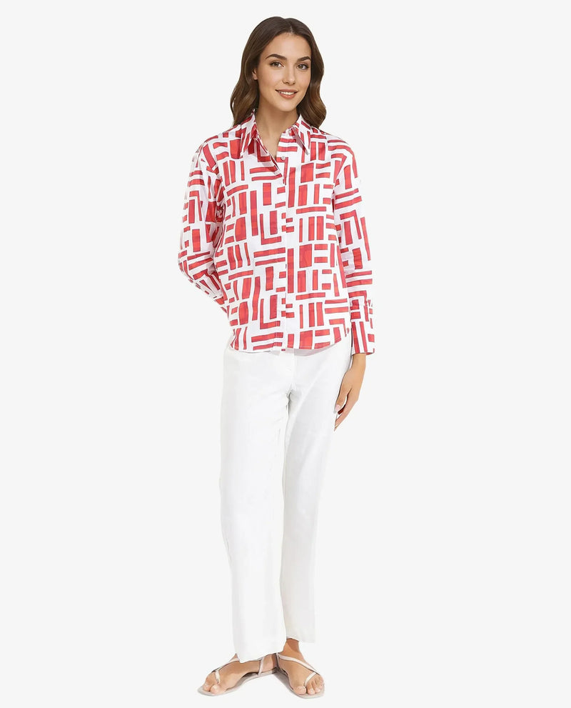 Rareism Women Venice Red Cuffed Sleeve Collared Neck Button Closure Geometric Print Shirt