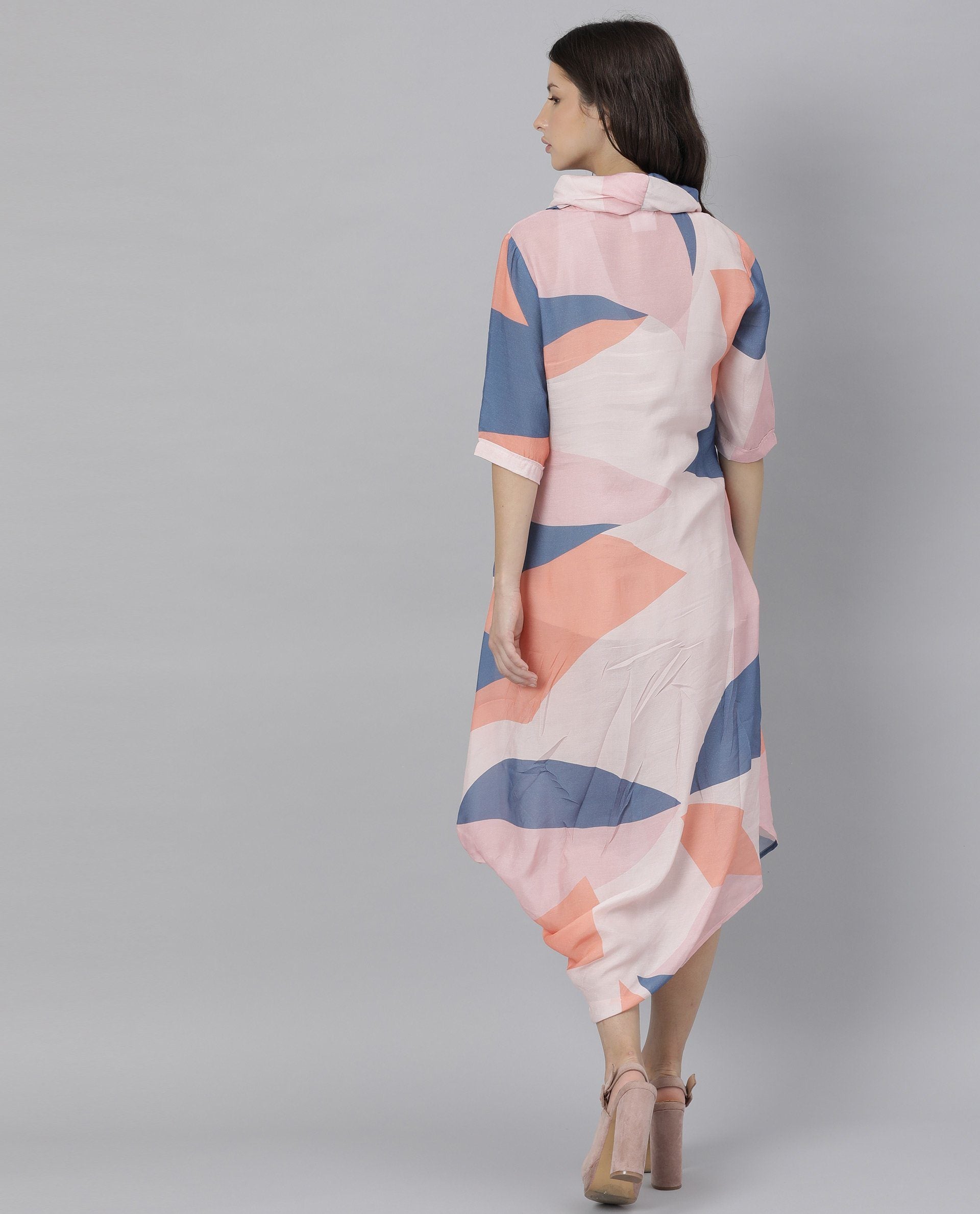 Rareism Women Venus Peach Dress Short Sleeves Printed