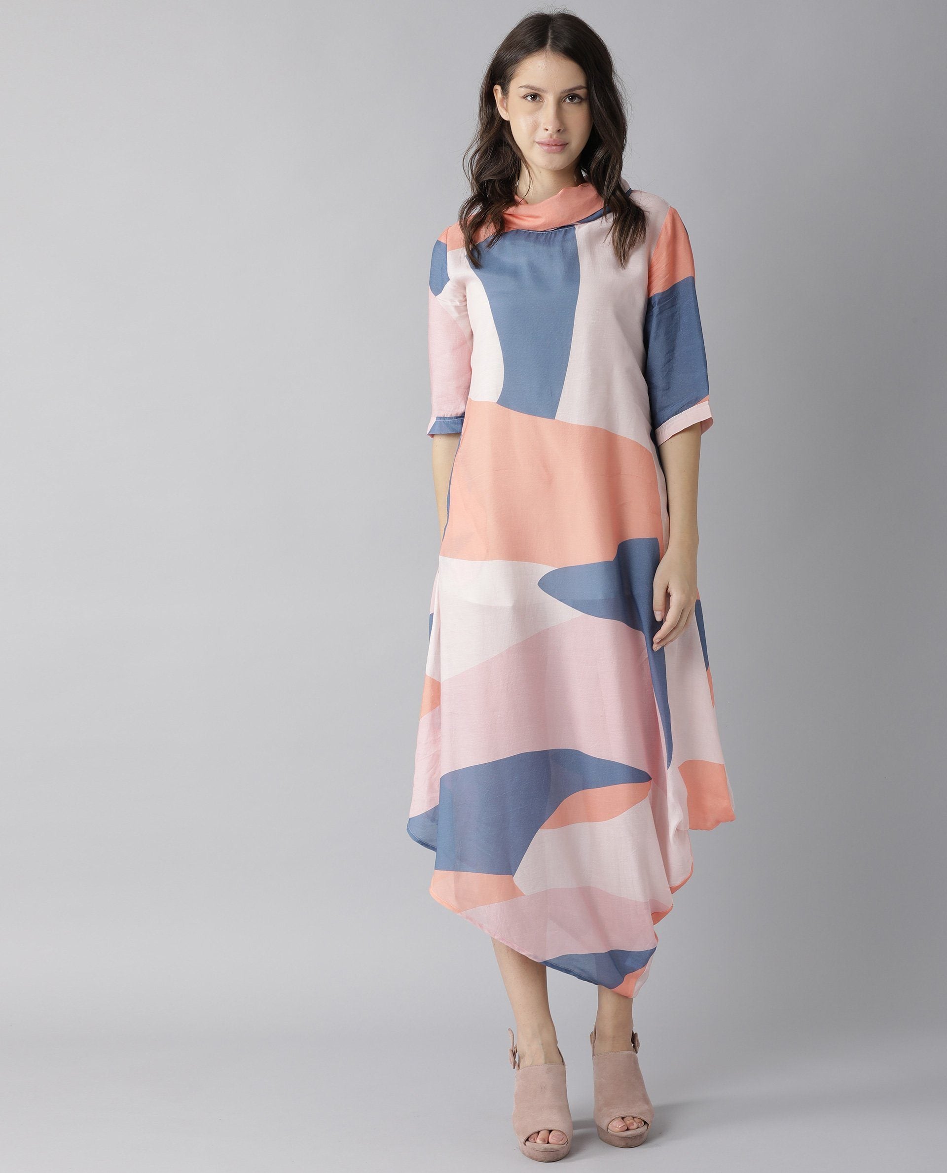 Rareism Women Venus Peach Dress Short Sleeves Printed