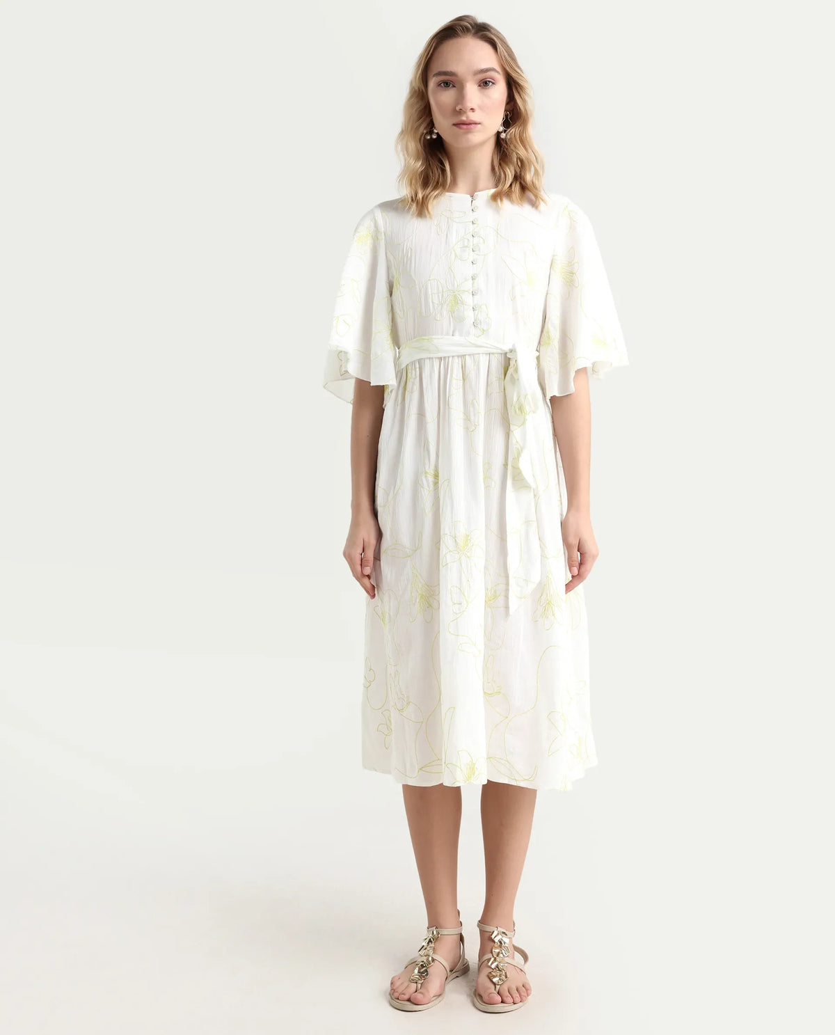 Rareism Women's Vera White Cotton Crew Neck Embroidered Bell Sleeve Maxi Fit And Flare Dress