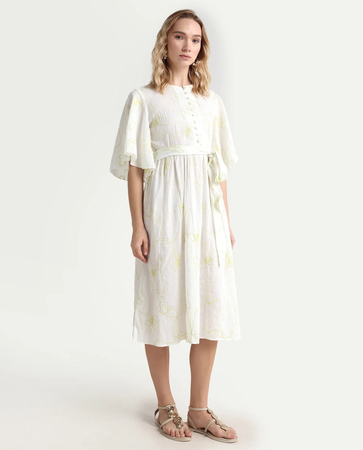 Rareism Women's Vera White Cotton Crew Neck Embroidered Bell Sleeve Maxi Fit And Flare Dress