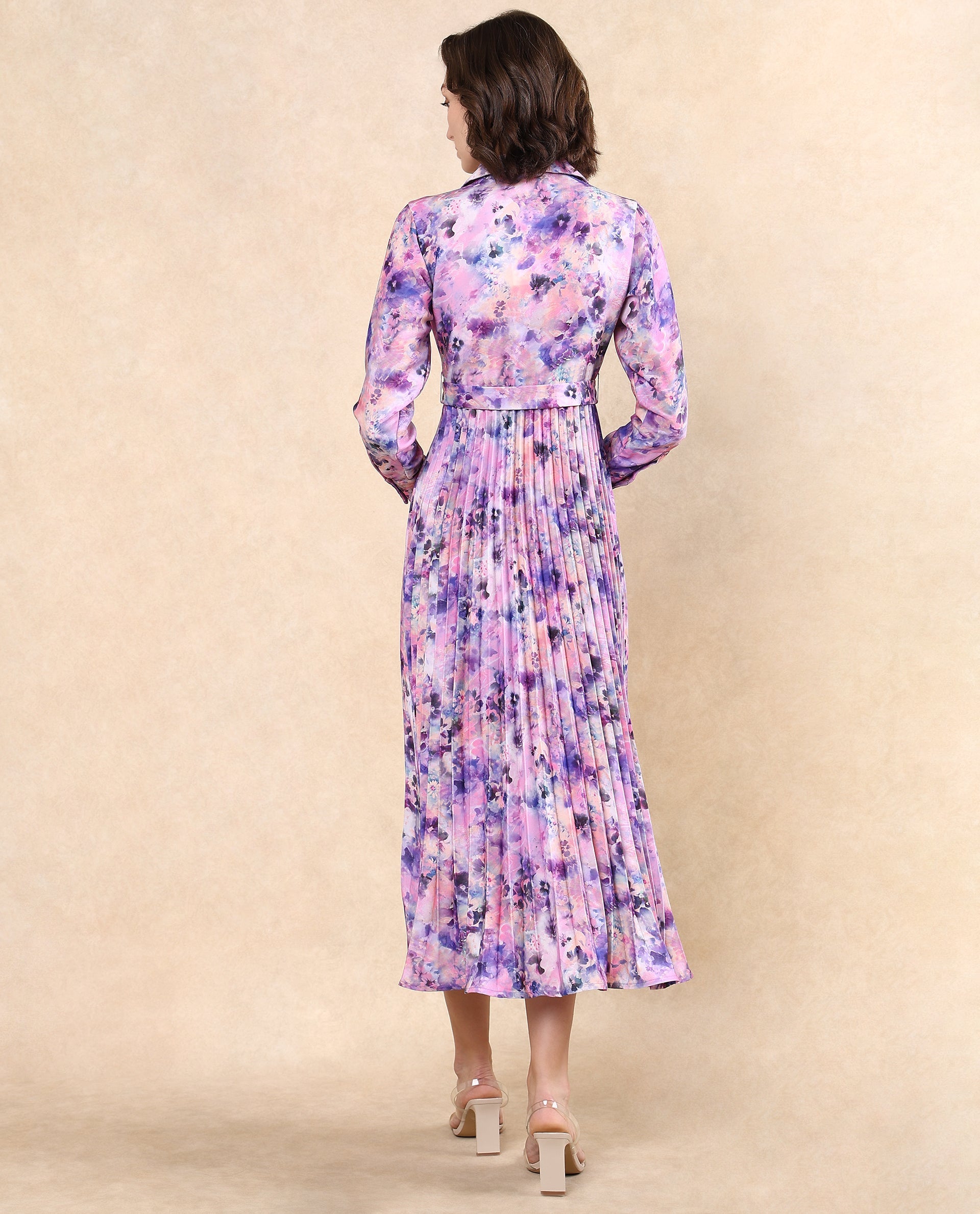 Rareism Women's Verdem Pastel Multi Polyester Blend Drop Collar Floral Print Bishop Sleeve Maxi Flared Dress