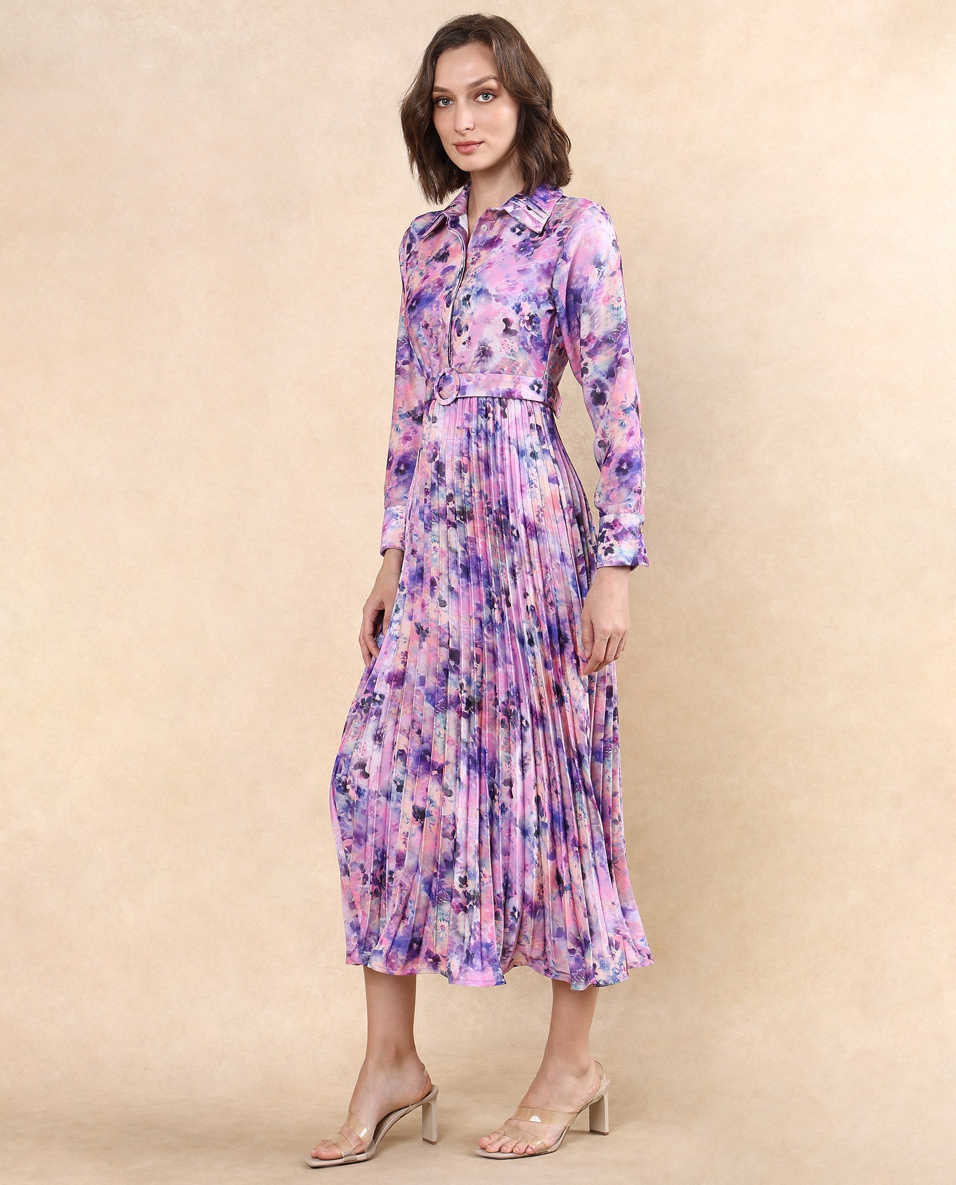 Rareism Women's Verdem Pastel Multi Polyester Blend Drop Collar Floral Print Bishop Sleeve Maxi Flared Dress