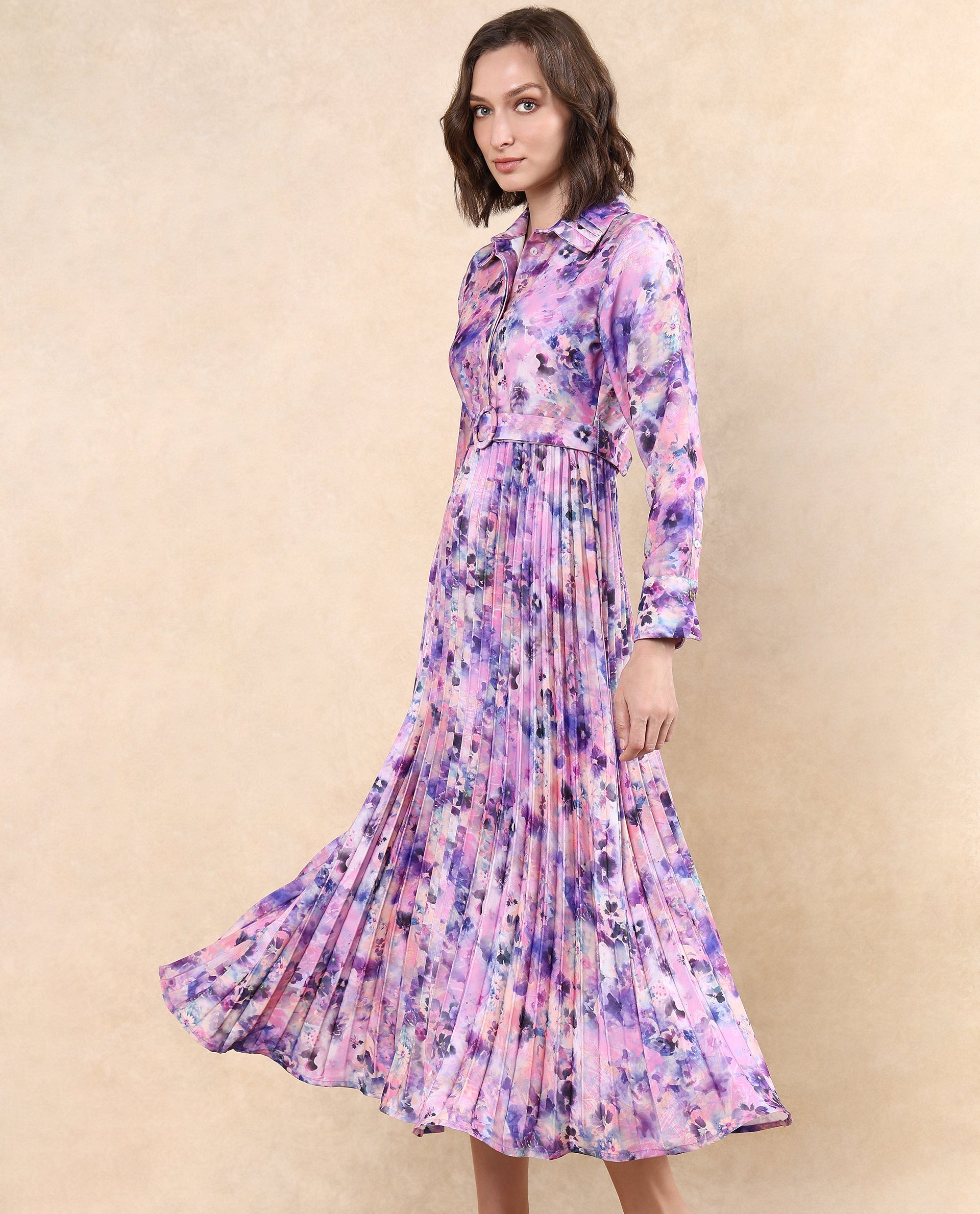 Rareism Women's Verdem Pastel Multi Polyester Blend Drop Collar Floral Print Bishop Sleeve Maxi Flared Dress