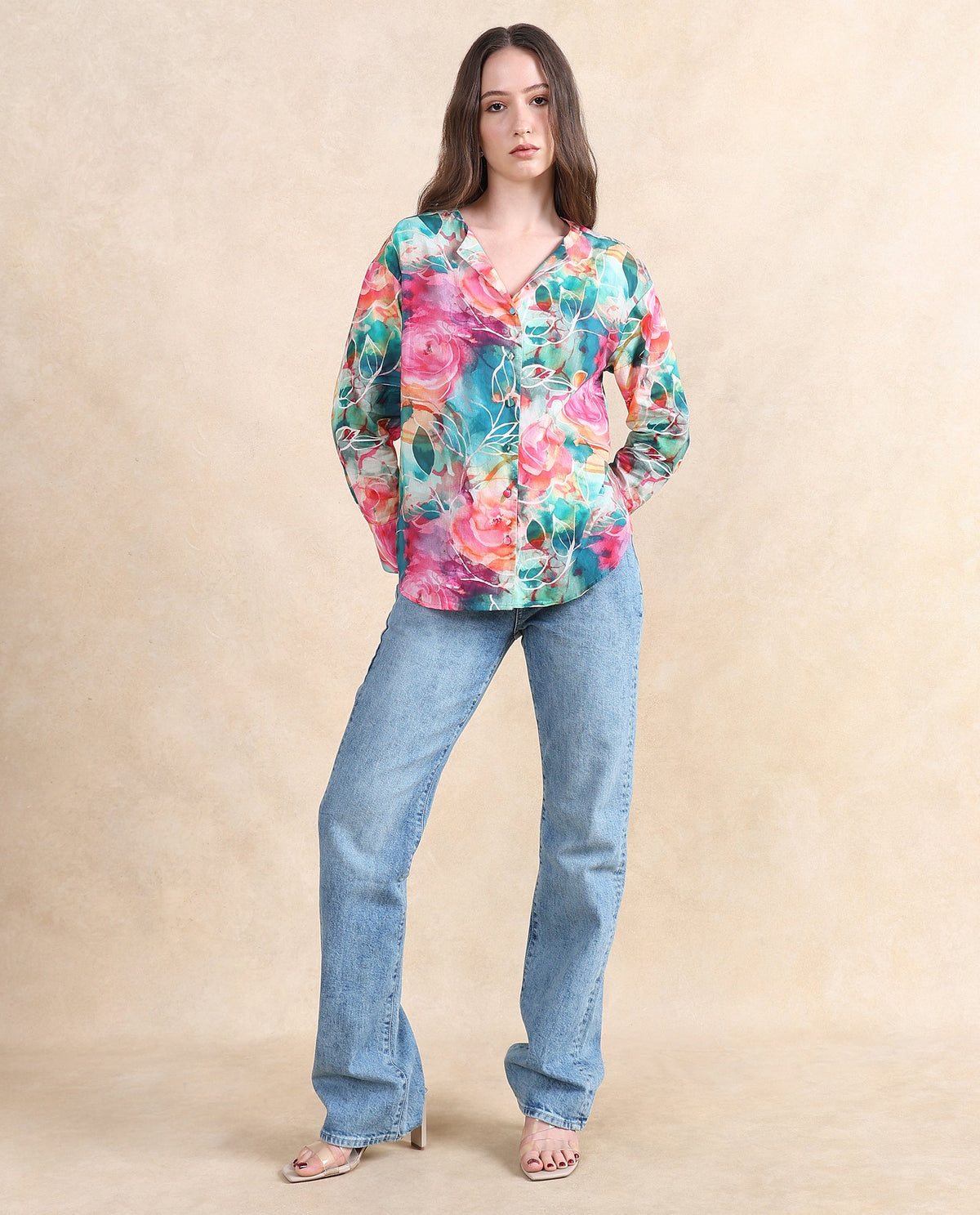 Rareism Women Verona Multi Cuffed Sleeve Mandarin Neck  Abstract Print Shirt