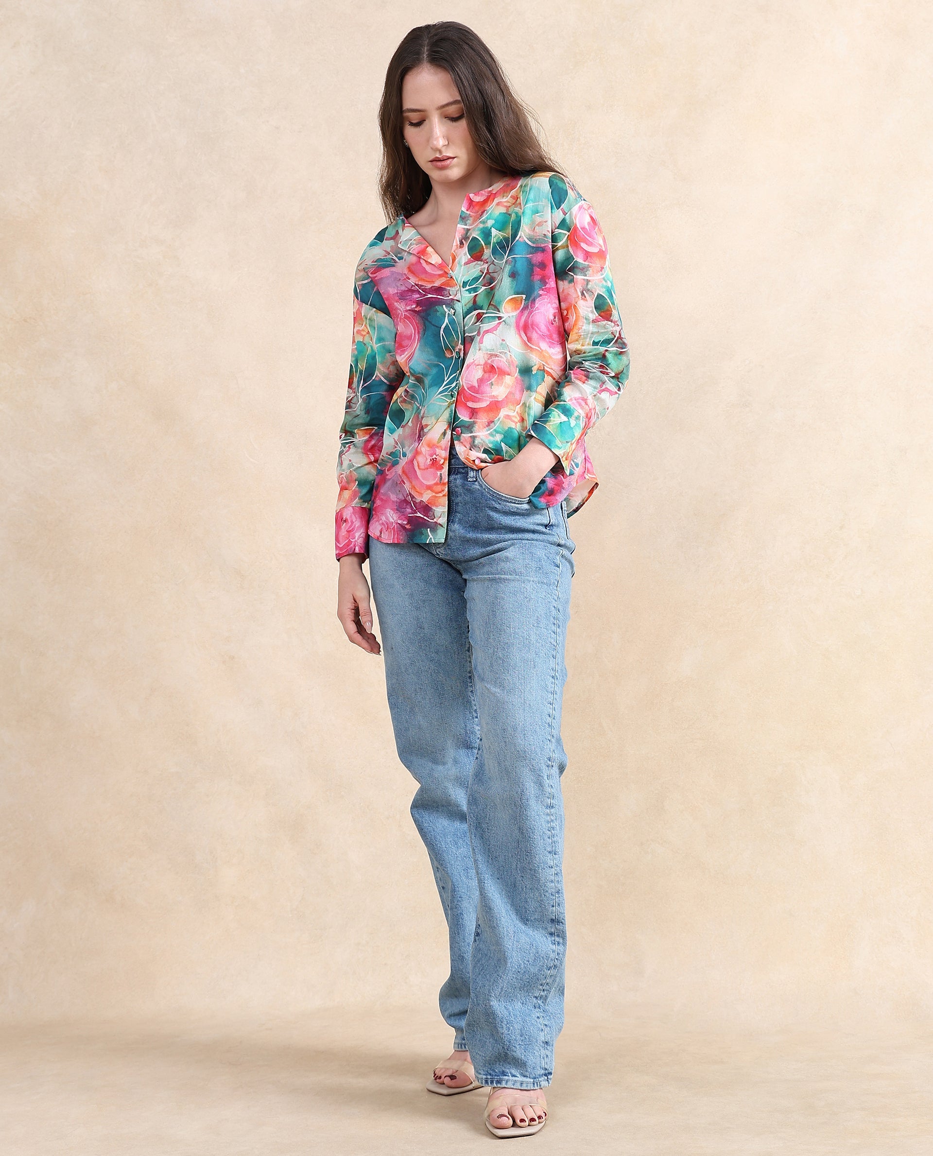Rareism Women's Verona Multi Cotton Mandarin Collar Abstract Print Cuffed Sleeve Regular Fit Shirt