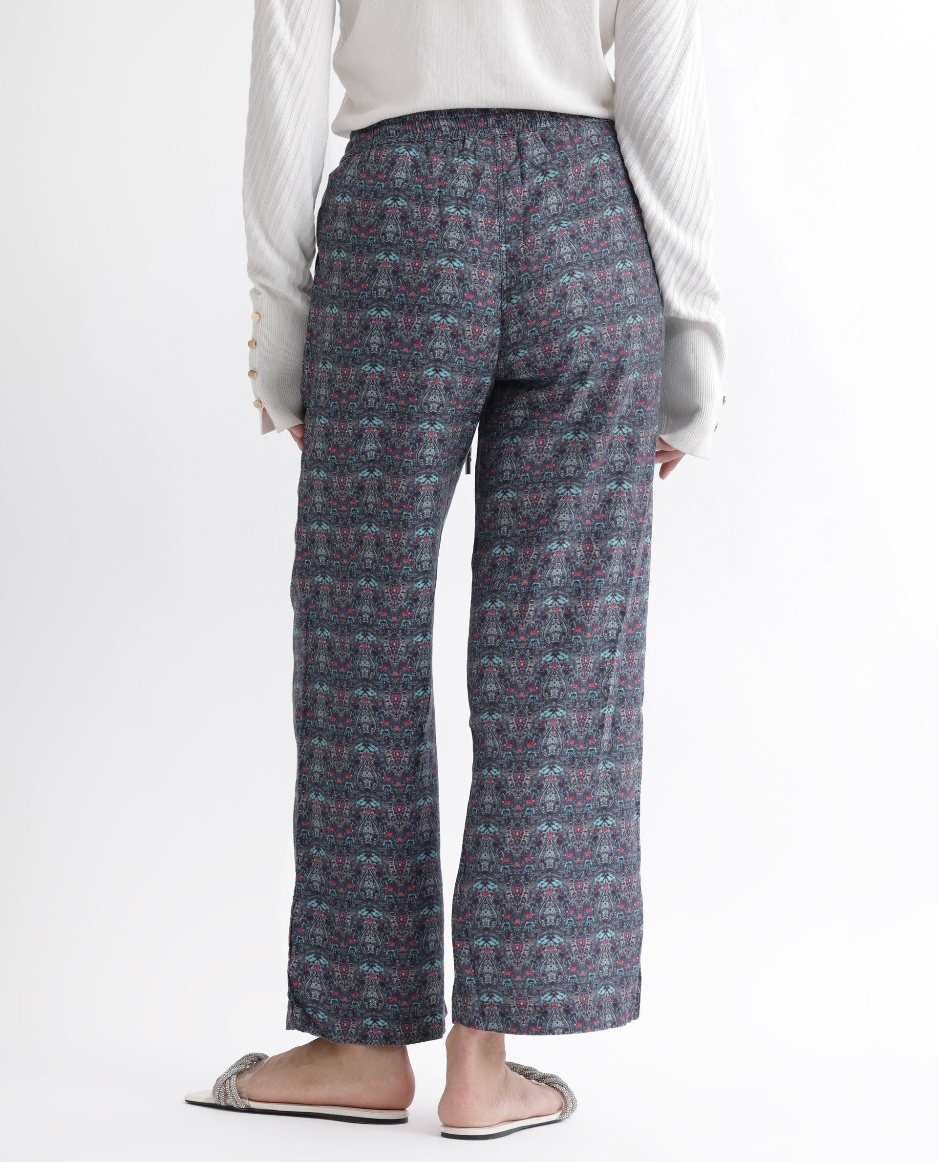 Rareism Women's Victo Grey Cotton Geometric Print Ankle Length Tailored Trouser