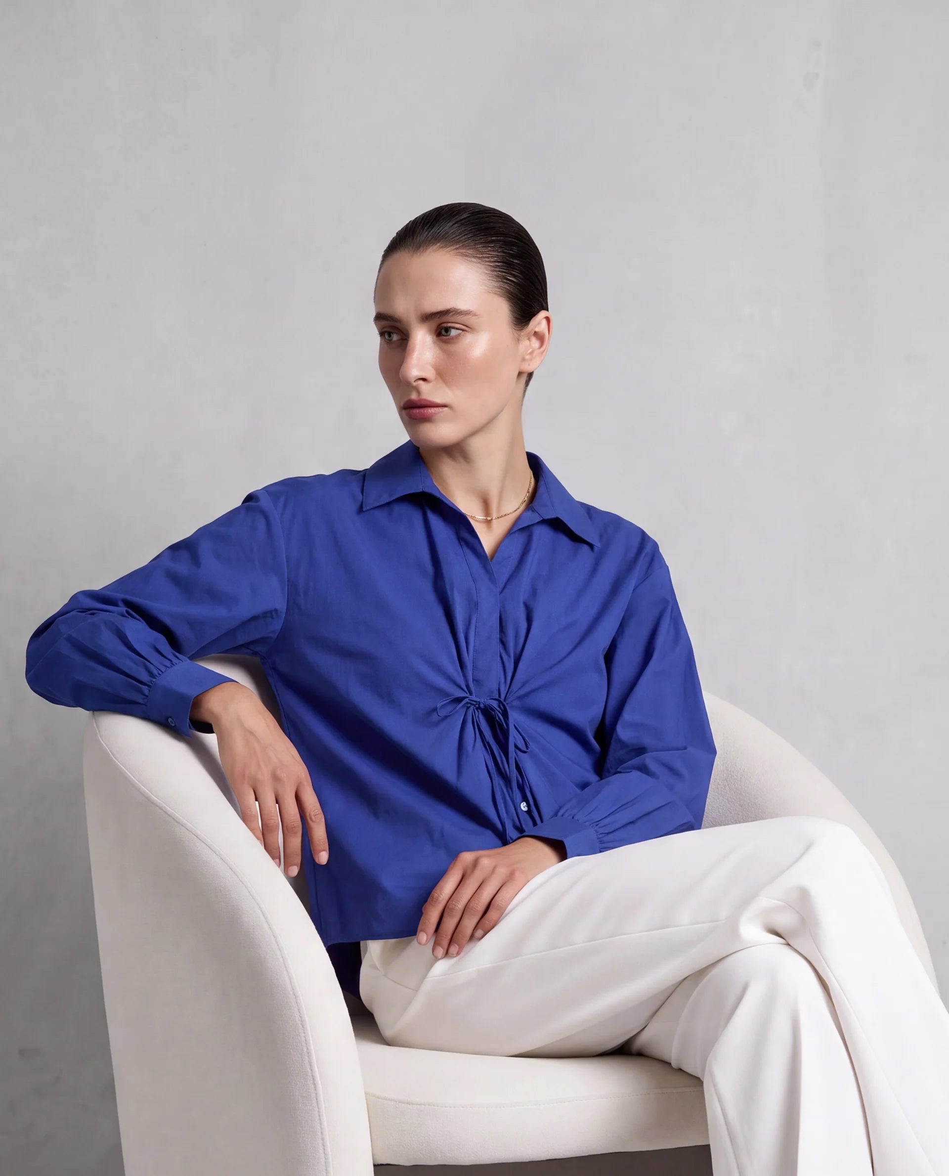 Rareism Women's Vimon Dark Blue Cotton Johnny Collar Relaxed Plain Top